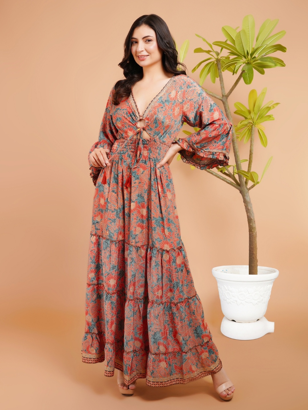 

Boholyfe Women Bohemian Print Fit & Flare Maxi Dress, Peach