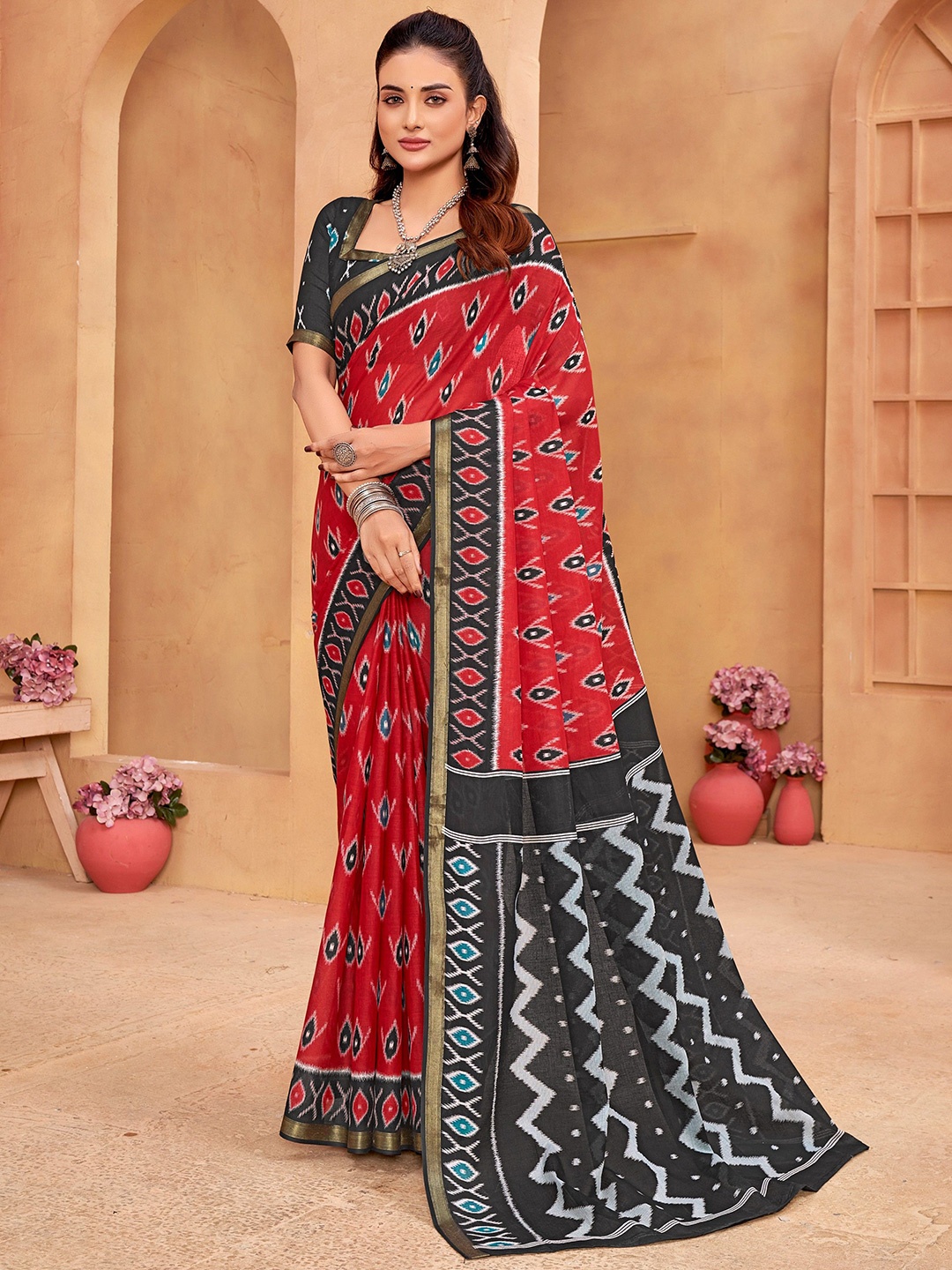 

Munir Zari Pure Cotton Ikat Saree, Red
