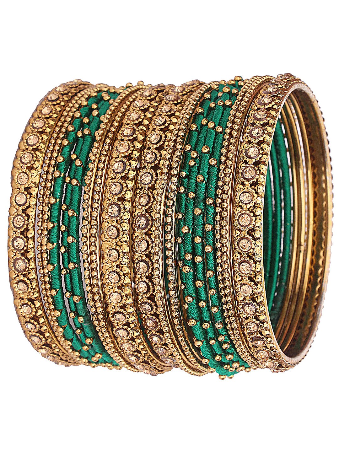 

ZULKA Set Of 28 Metal With Silk Thread and Zircon Gemstone Worked Traditional Bangles, Green