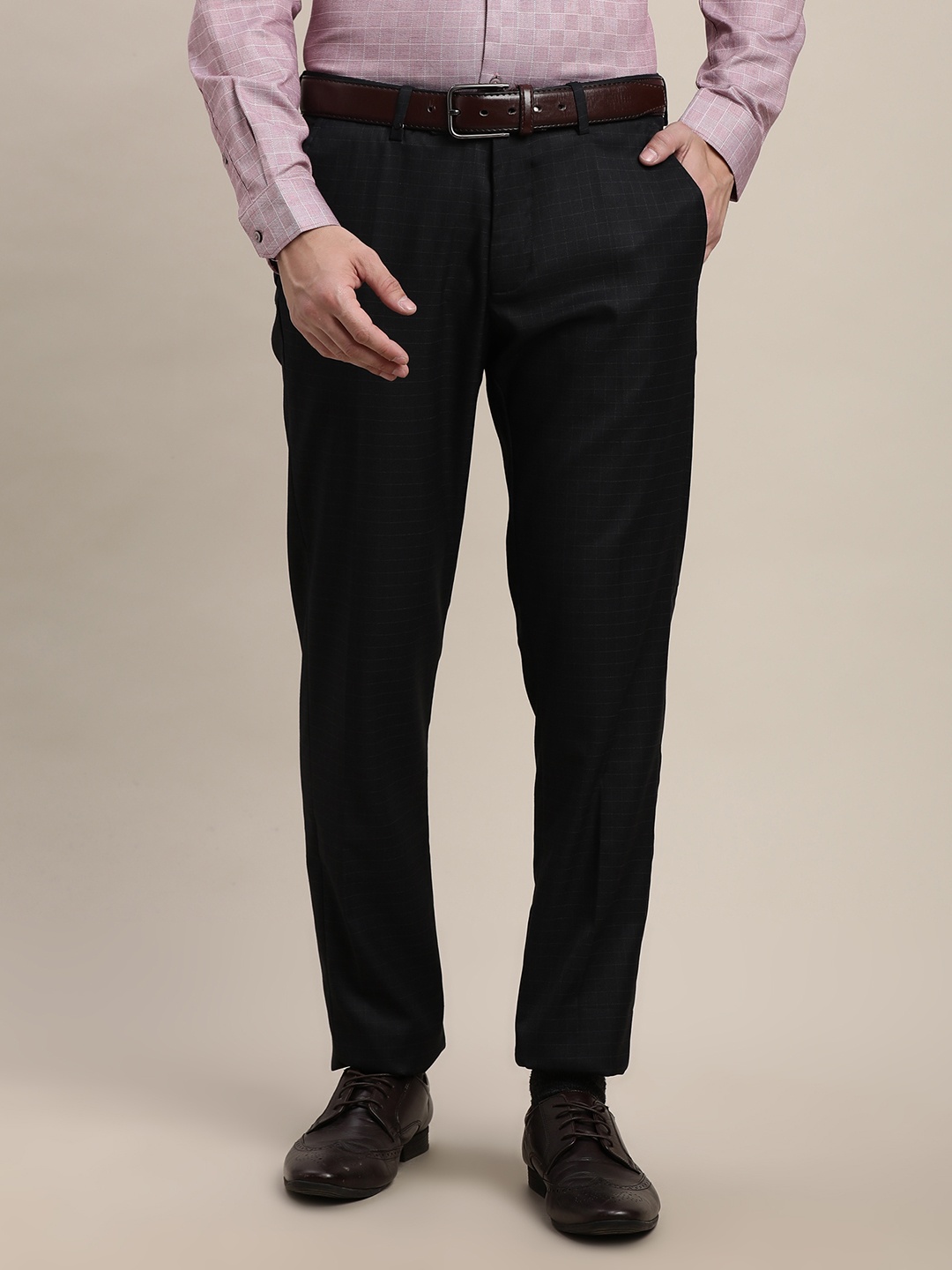 

Turtle Men Checked Classic Slim Fit Trousers, Black