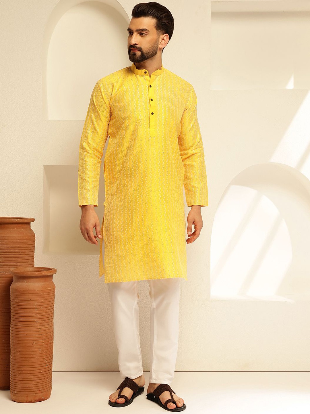 

SOJANYA Men Embroidered Regular Thread Work Kurta with Pyjamas, Yellow