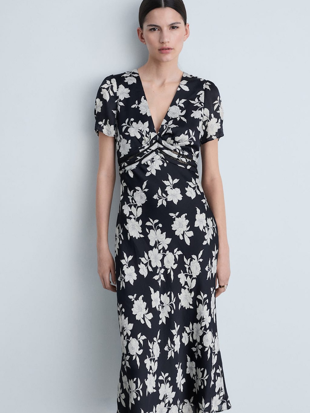 

MANGO Floral Print A-Line Midi Dress, Black