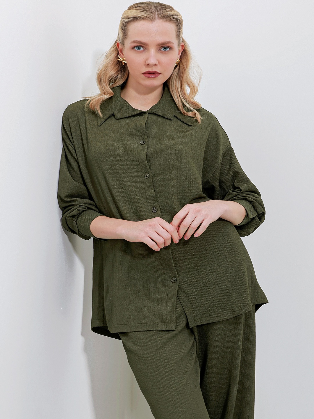 

BIGDART Shirt Neck Third-Quarter Sleeve Shirt With Trouser Co-Ords, Khaki