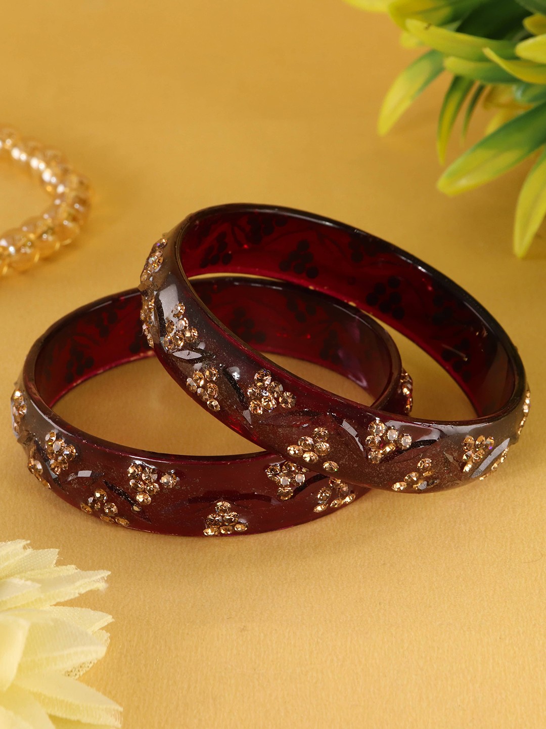

LAVAZZA Set Of 2 Crystals -Studded Glass Bangles, Maroon
