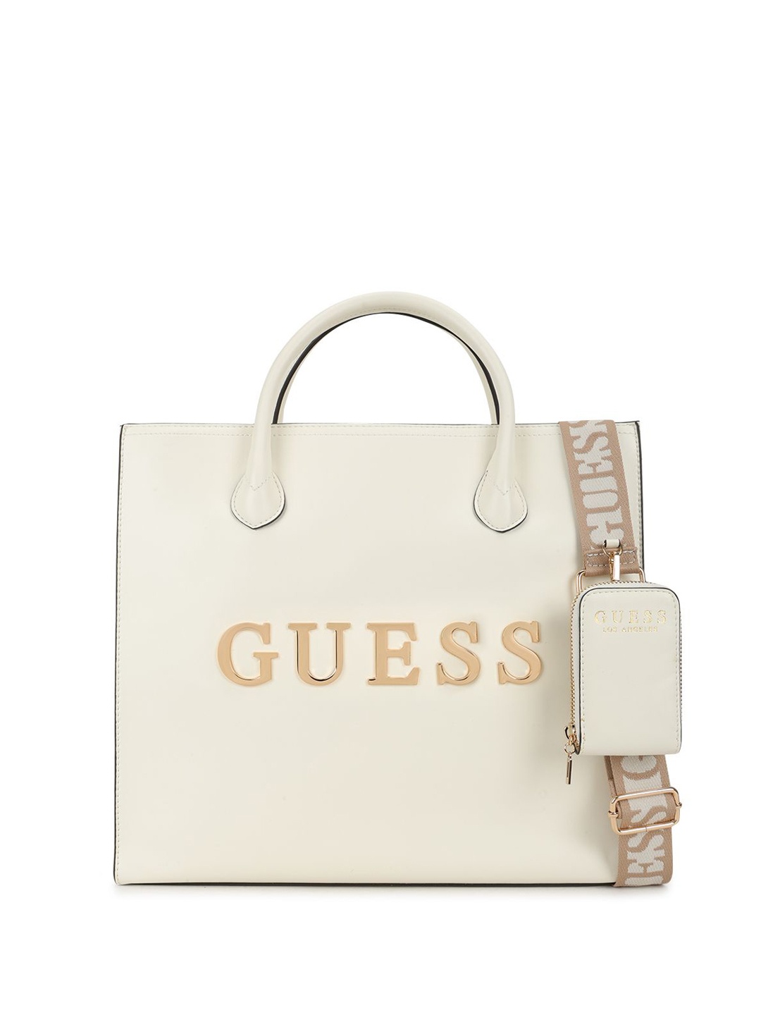 

GUESS PU Half Moon Tote Bag with Applique, Cream