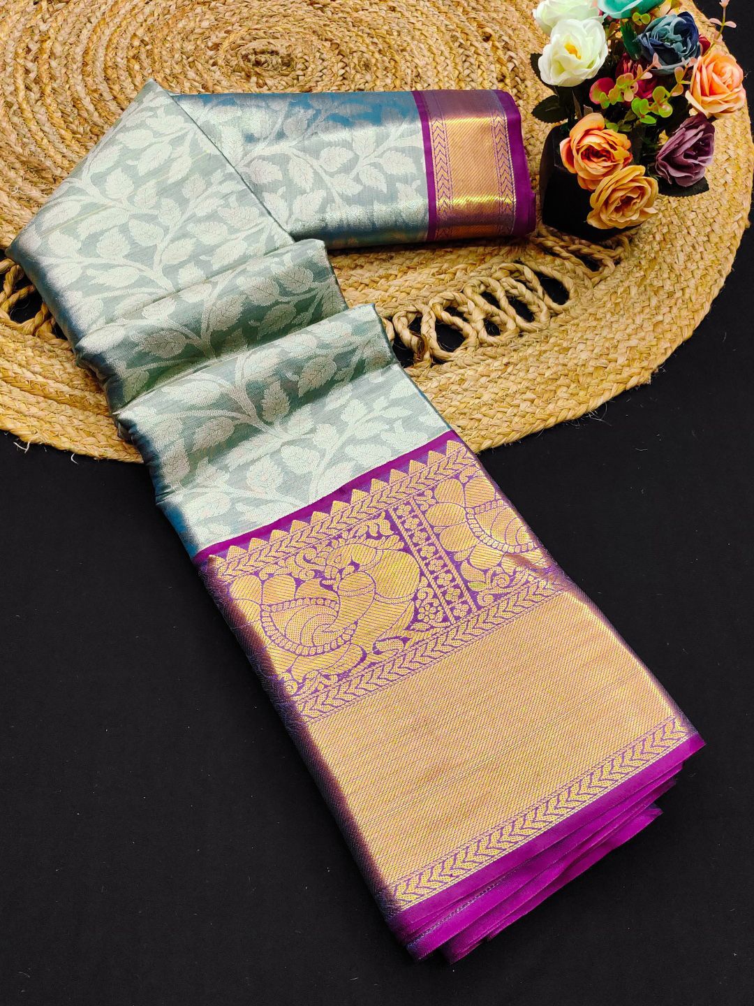 

Mitera Woven Design Zari Pure Silk Kanjeevaram Saree, Turquoise blue