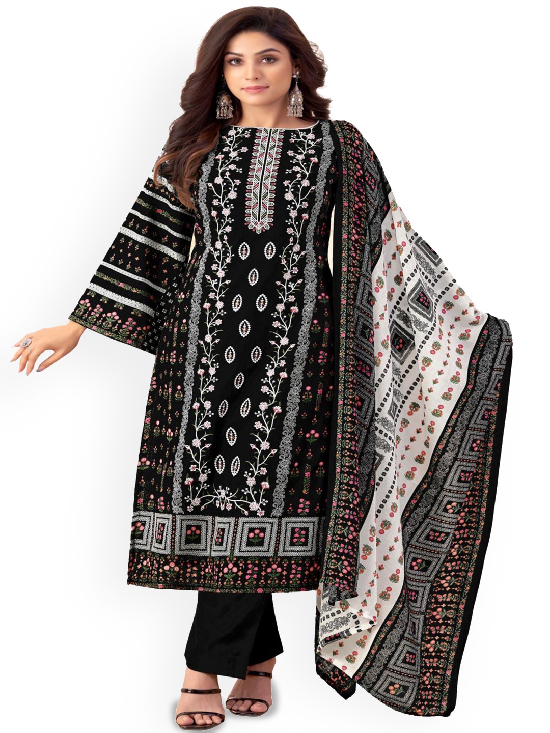 

DRAVINAM Trends Embroidered Pure Cotton Unstitched Dress Material, Black