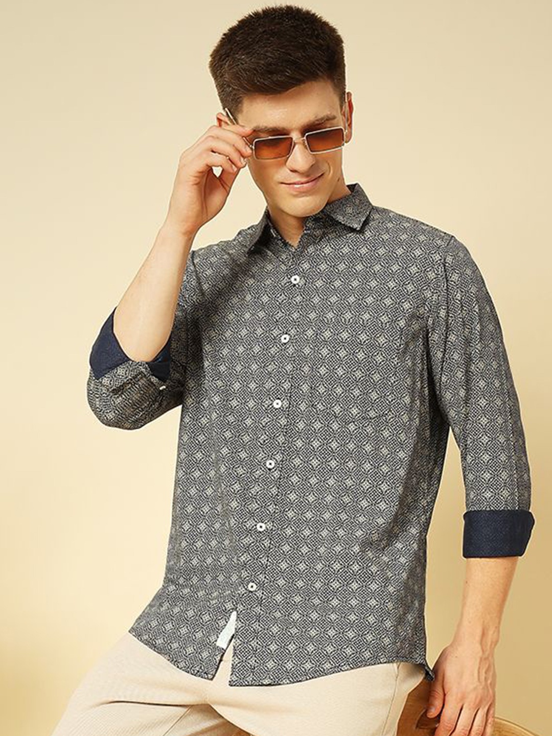 

ENSPYR Men Opaque Printed Casual Shirt, Navy blue