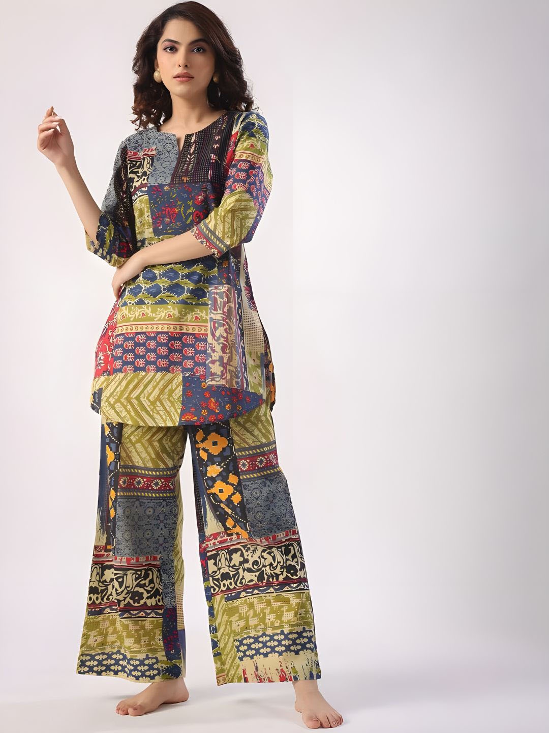 

Jade & Julie Printed Pure Cotton Round Neck Top With Palazzos Co-Ords, Green