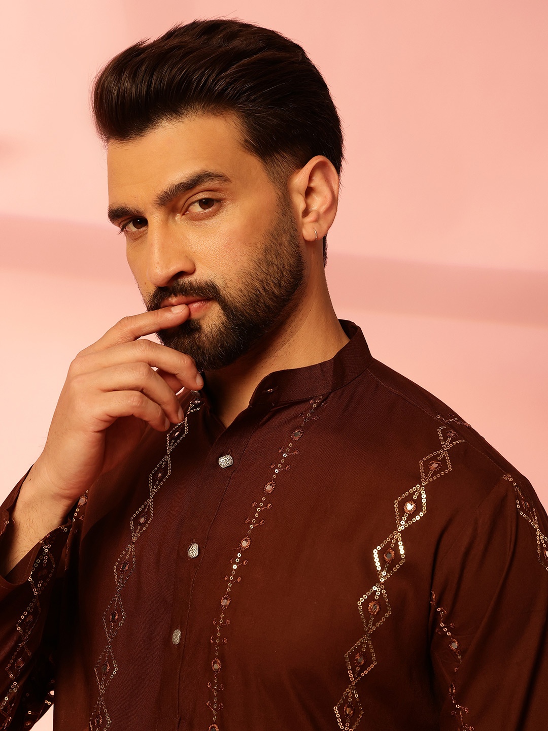

Anouk Striped Embroidered Mandarin Collar Sequinned Cotton Kurta, Brown