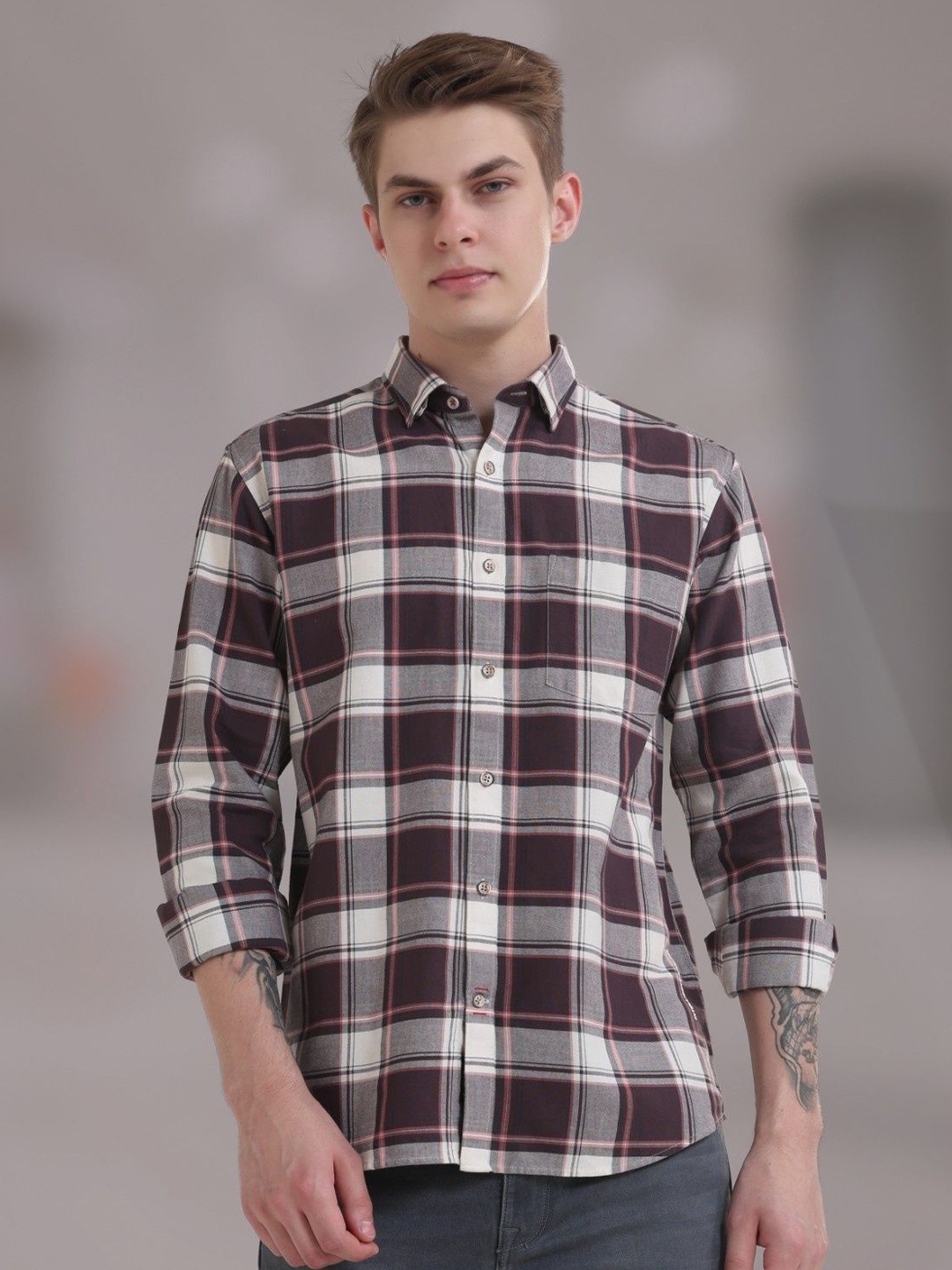 

TURMS Anti Stain Anti Odor Water Repellent Cotton Checked Shirt, Brown
