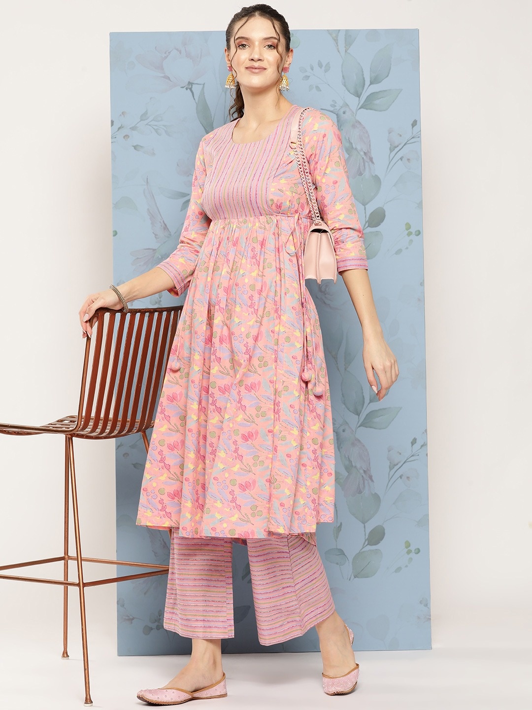 

Fourleaf Women Floral Printed Regular Pure Cotton Kurti with Trousers, Pink