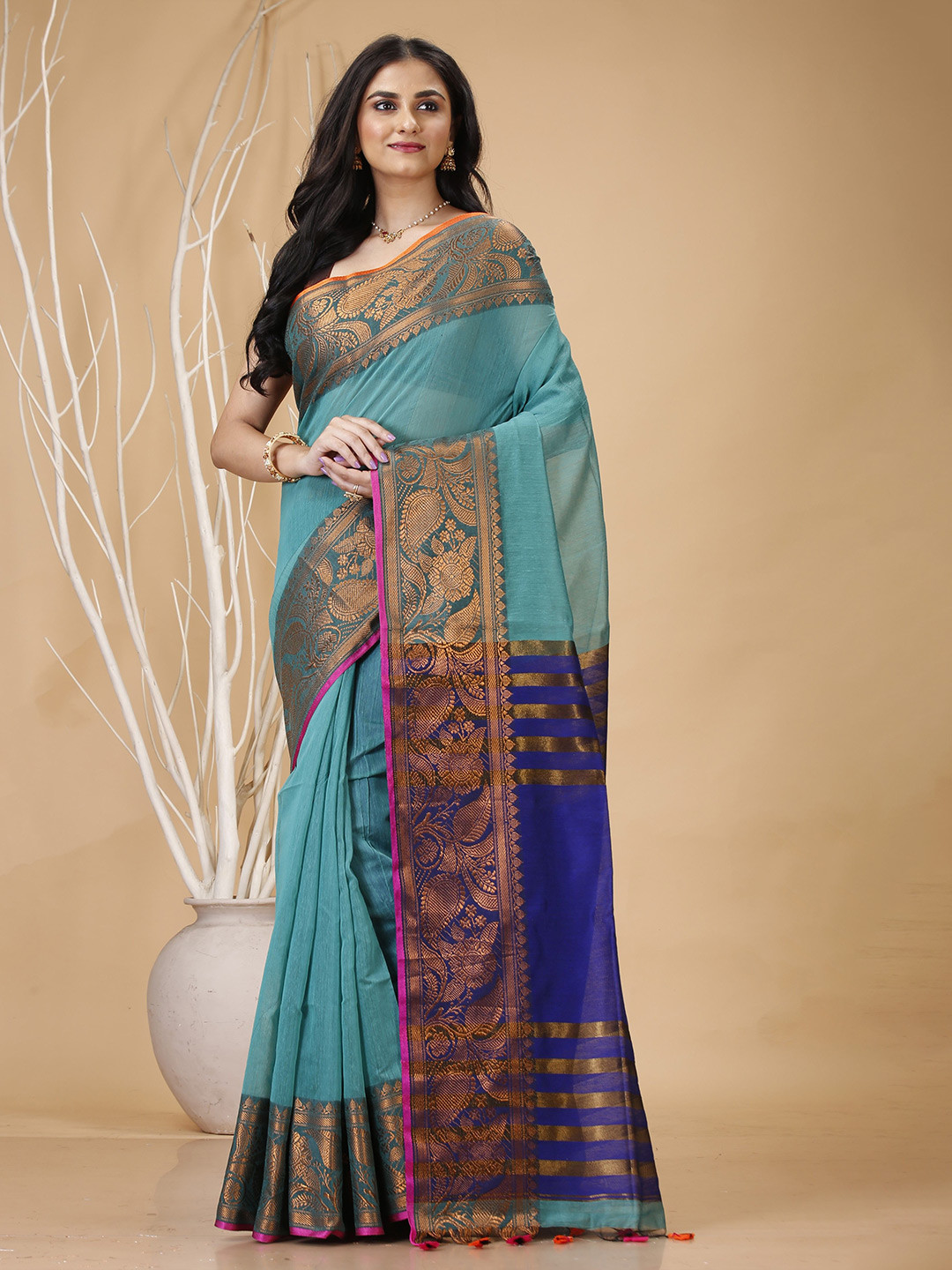 

SLAGHA Zari Silk Cotton Taant Saree, Turquoise blue