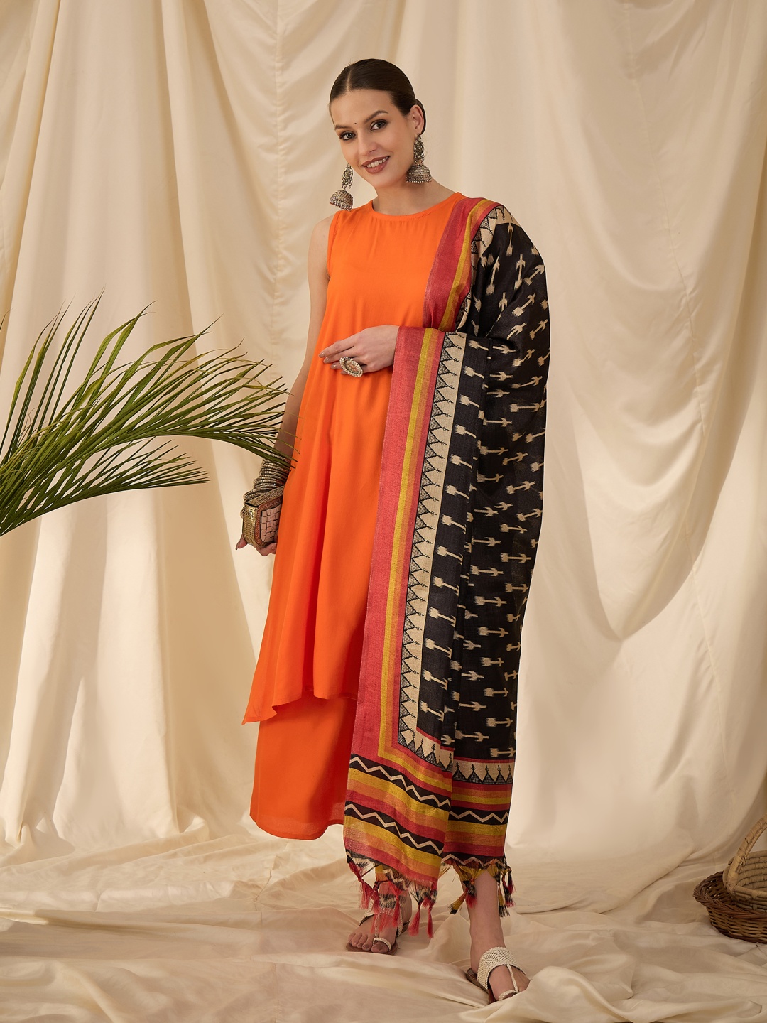 

InWeave Women Regular Kurta with Palazzos & With Dupatta, Orange