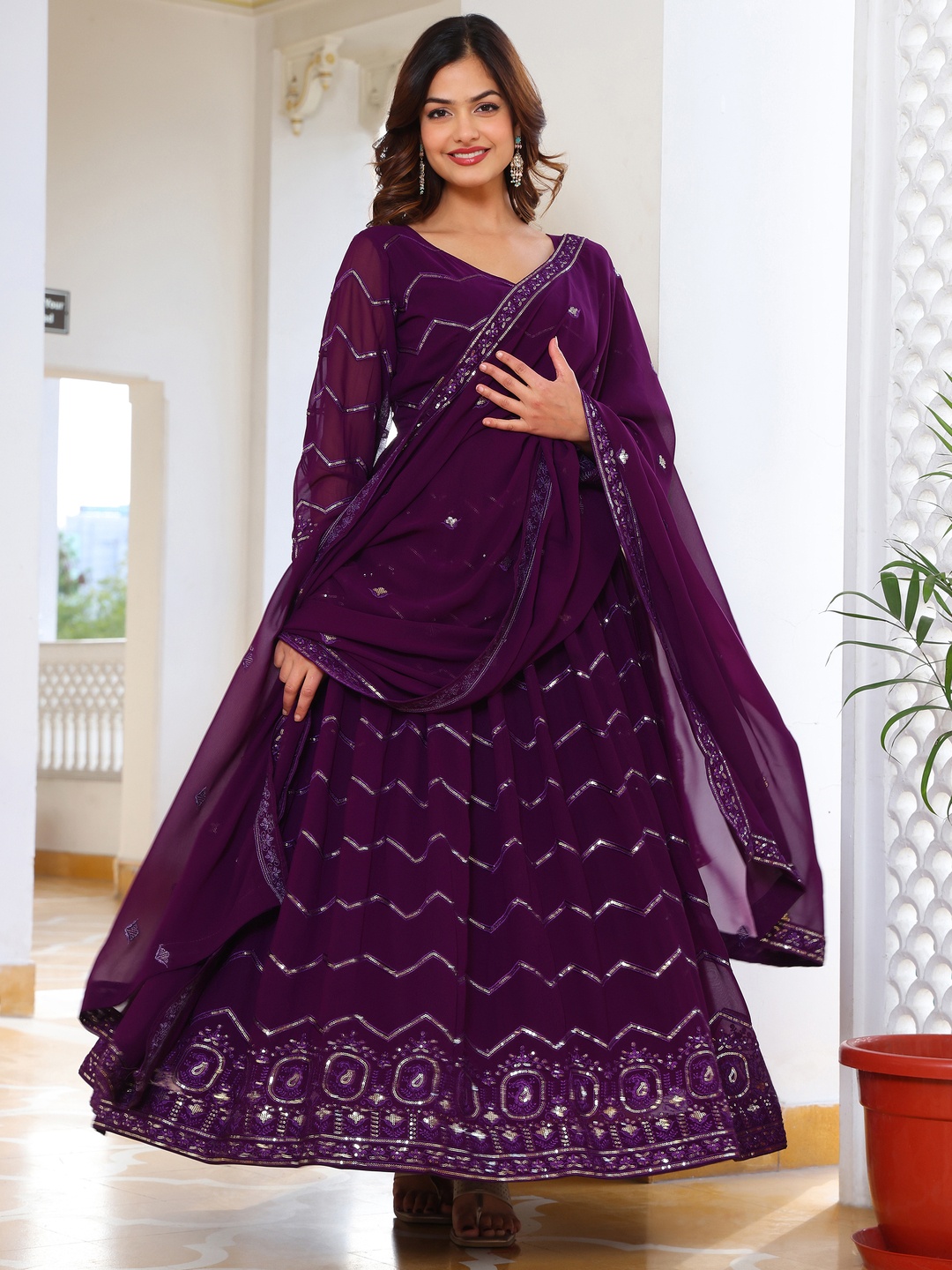 

KALINI Women Ethnic Motifs Embroidered Regular Sequinned Kurta with Pyjamas & With Dupatta, Purple