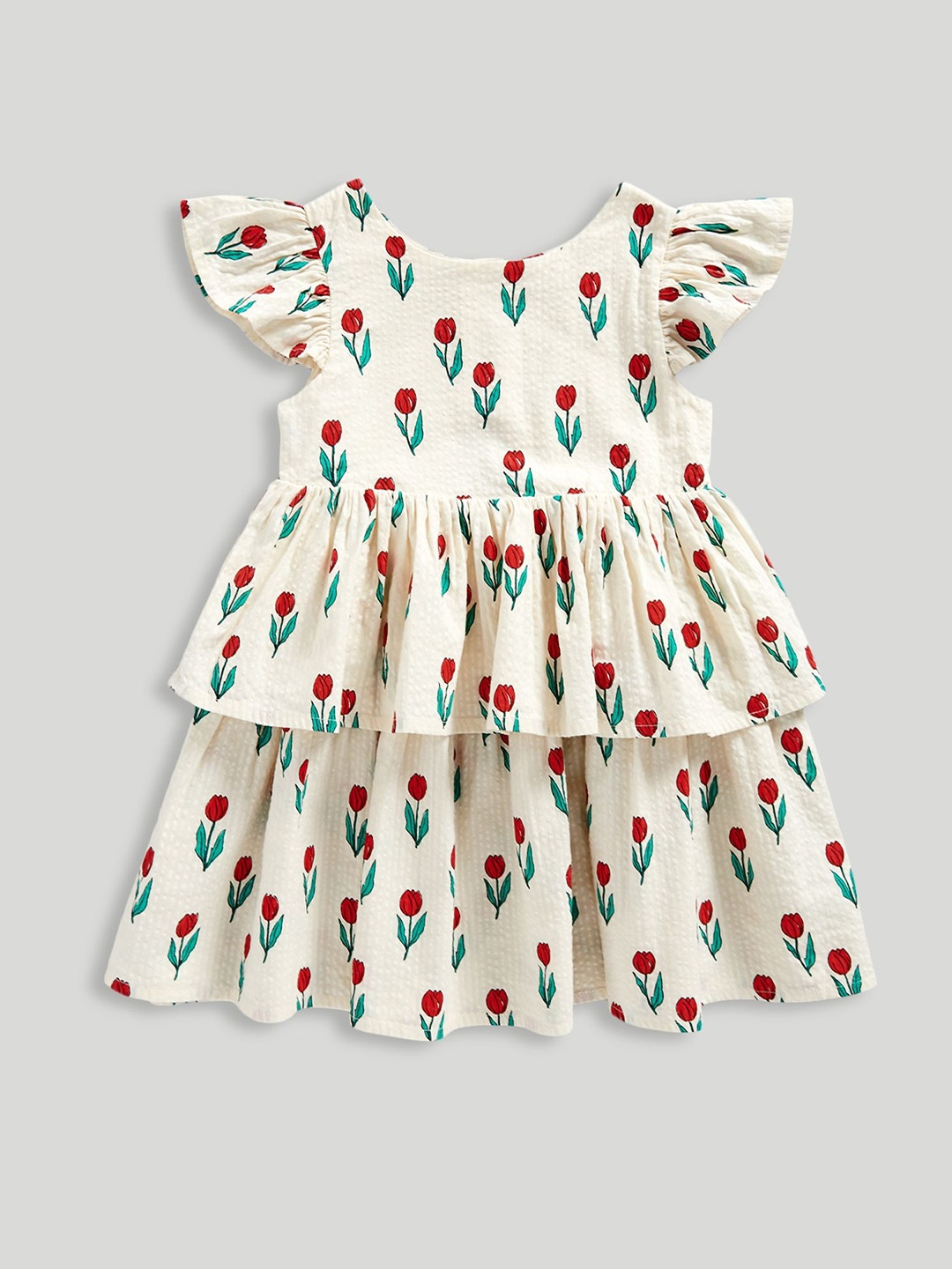 

mothercare Floral Print Flutter Sleeve Ruffled A-Line Dress, Cream