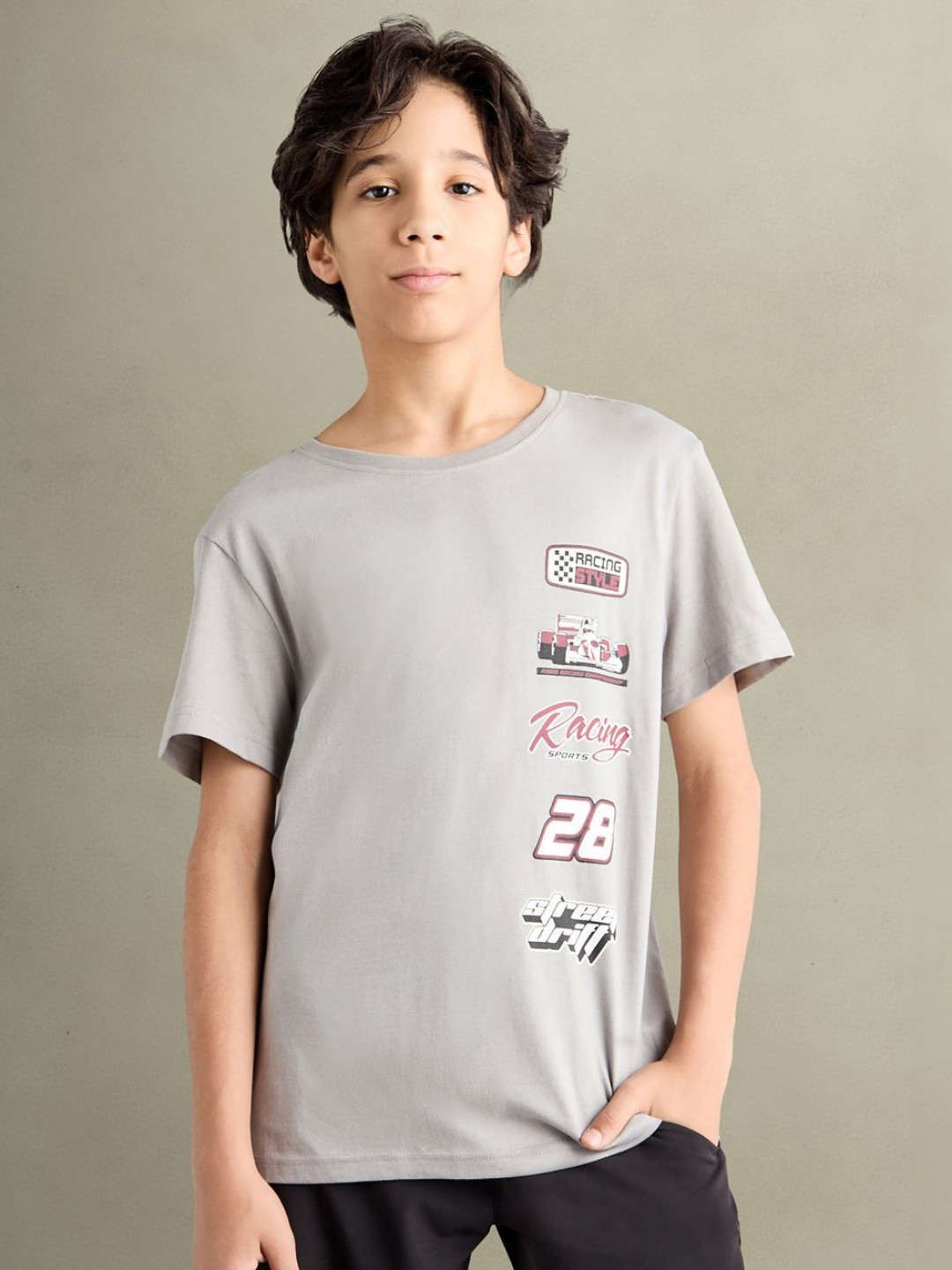 

max Boys Typography Printed Applique T-shirt, Grey
