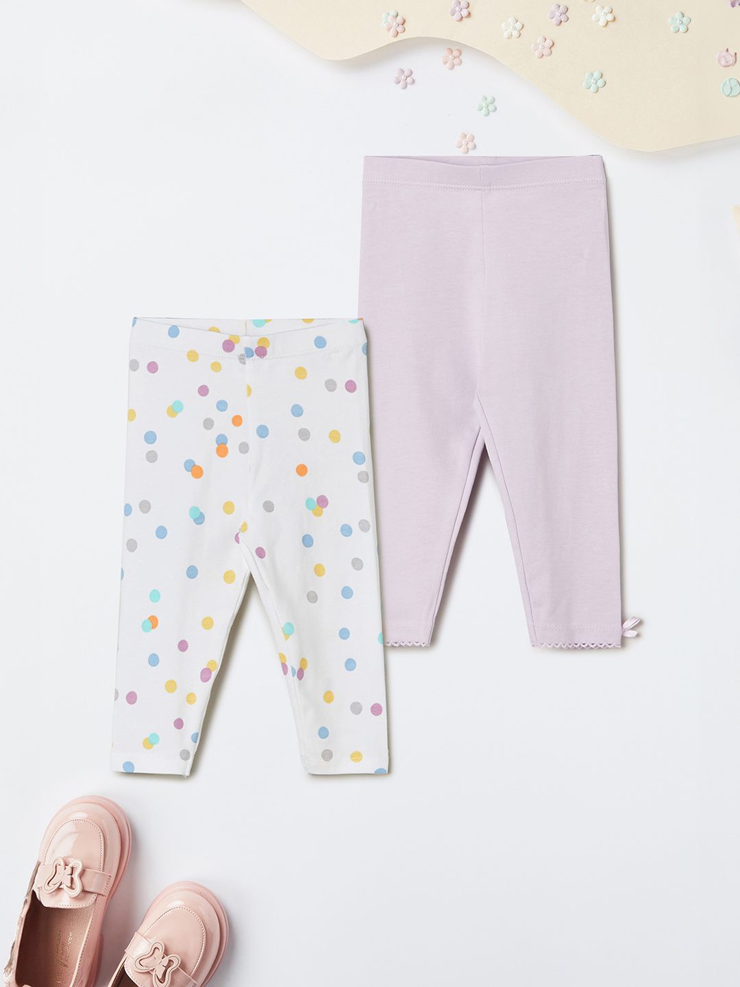 

max Infant Girls Pack of 2 Printed Cotton Leggings, Purple