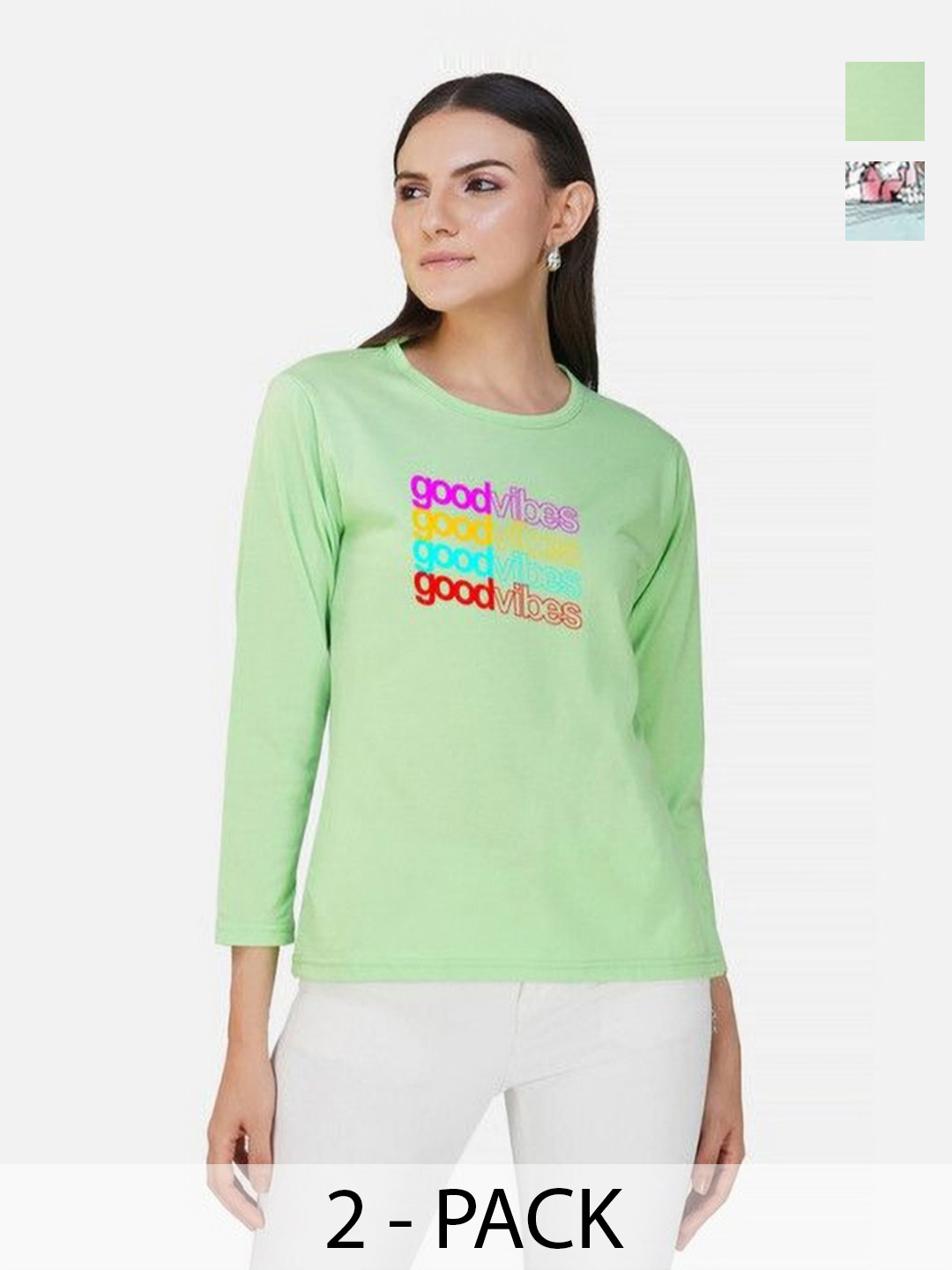 

Metronaut Women Pack of 2 Bio Finish Graphic Printed Round Neck Cotton T-shirts, Turquoise blue