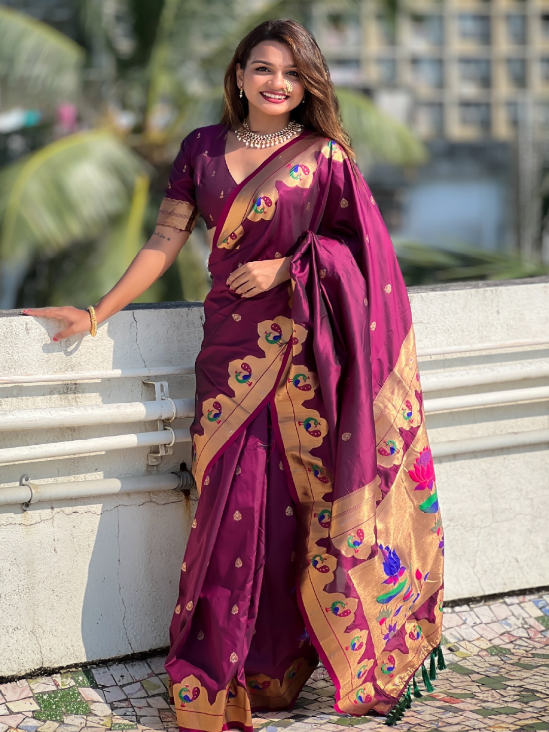 

all about you Woven Design Zari Silk Blend Paithani Saree, Magenta