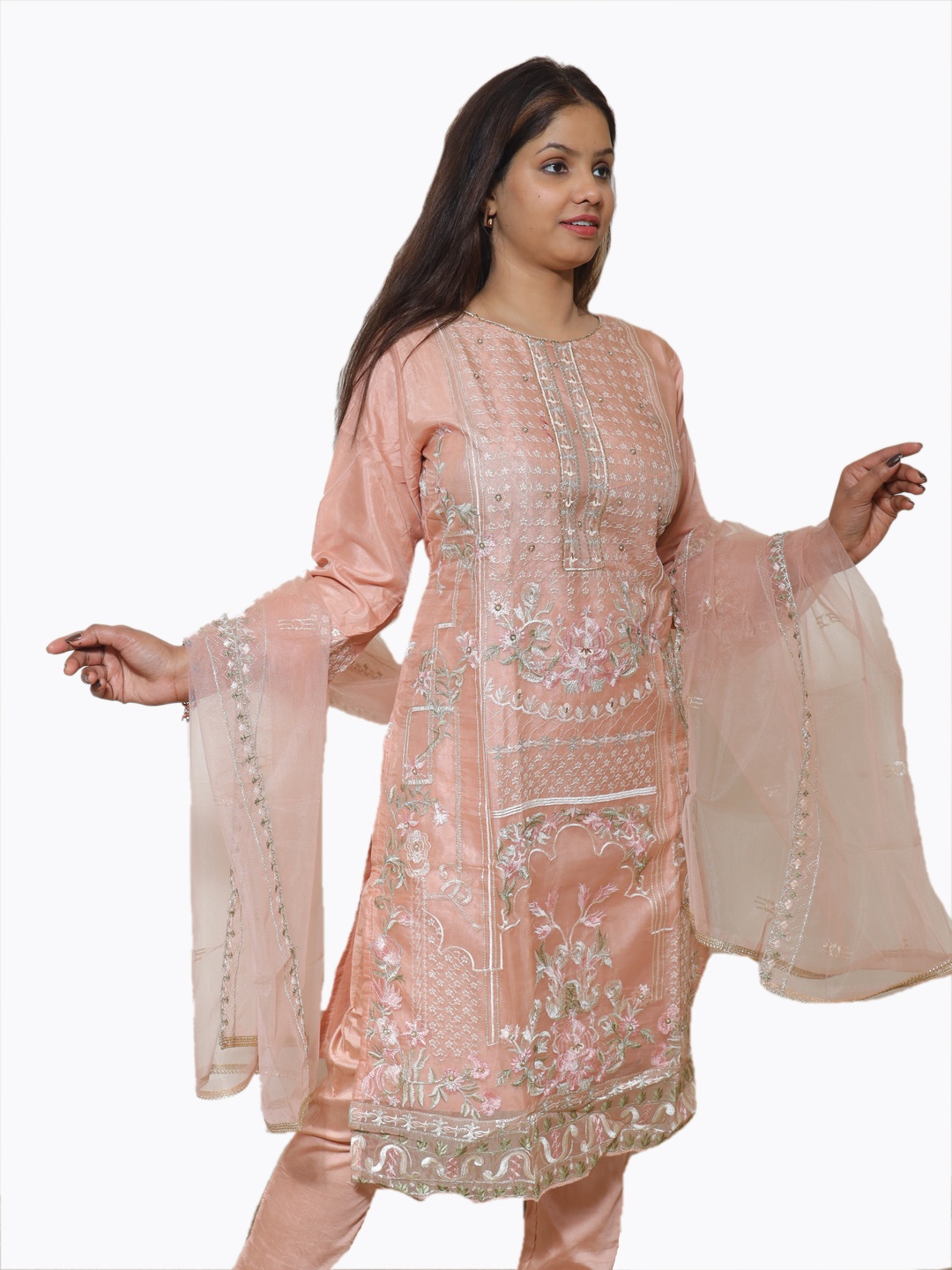 

Wavy Collection Women Floral Embroidered Regular Sequinned Pure Silk Kurta with Trousers & With Dupatta, Peach