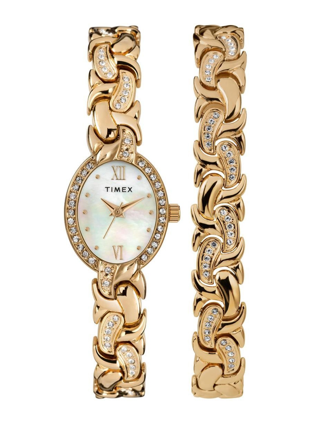

Timex Women Brass Dial & Stainless Steel Bracelet Style Straps Analogue Watch TW2T49900, Silver