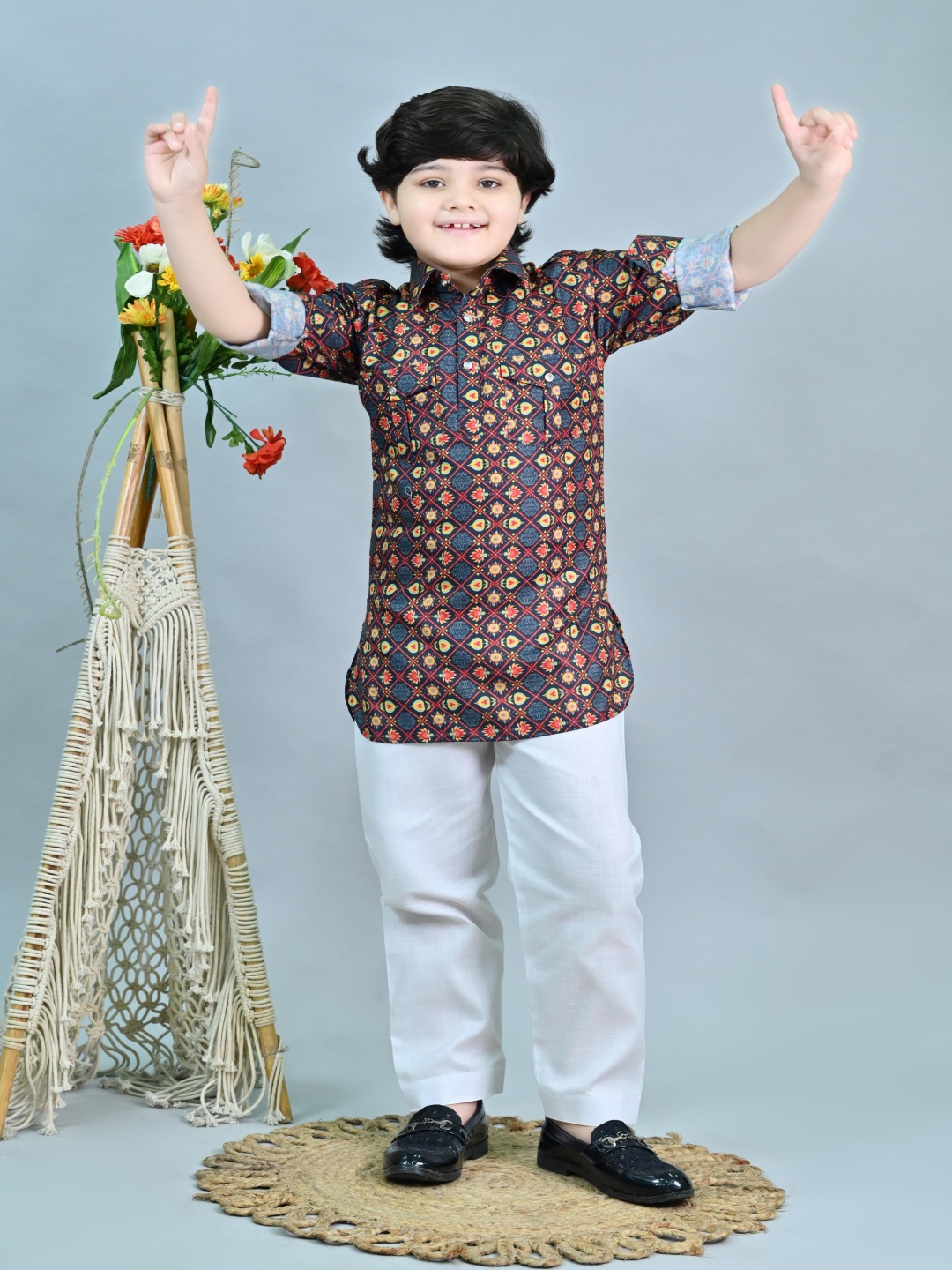 

ahhaaaa Boys Floral Printed Regular Thread Work Kurta with Pyjamas, Red
