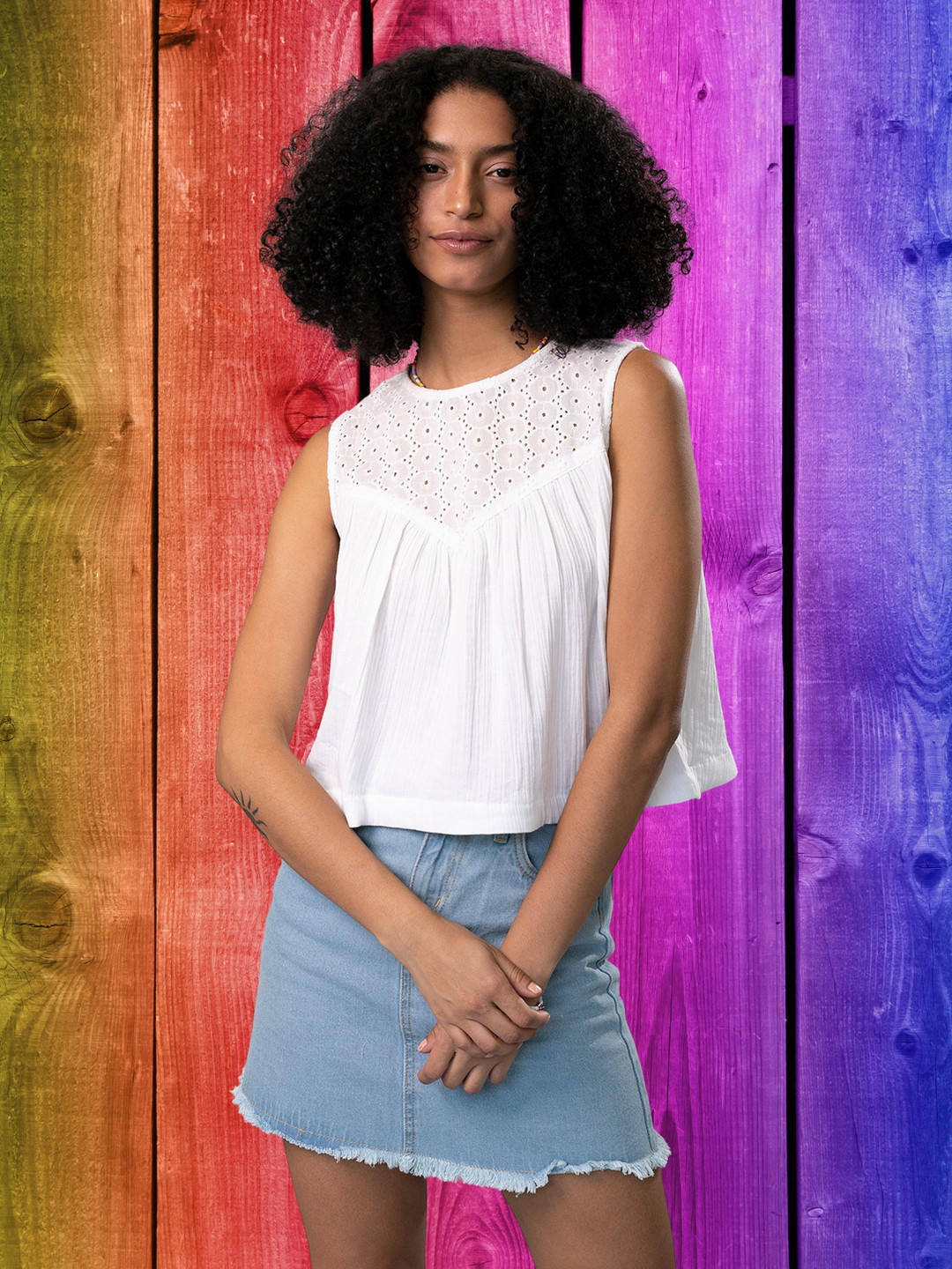 

DressBerry Embroidered Cotton Schiffli Crop Top, White