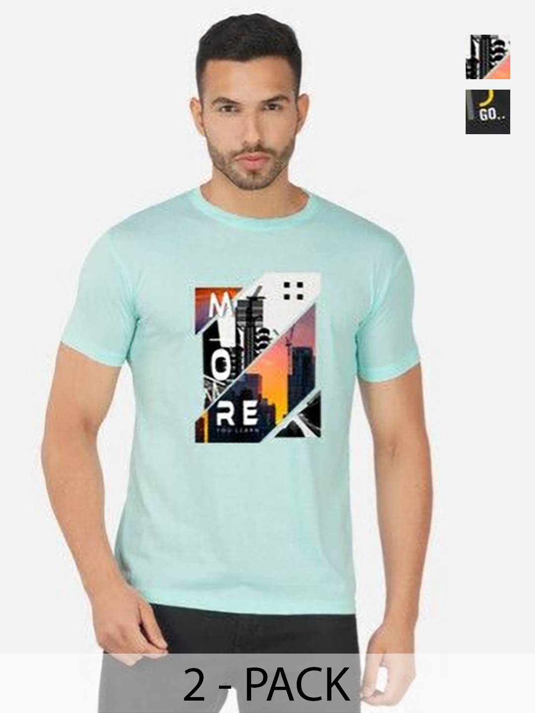 

GLOBAL NOMAD Men 2 Printed Bio Finish Applique T-shirt, Turquoise blue