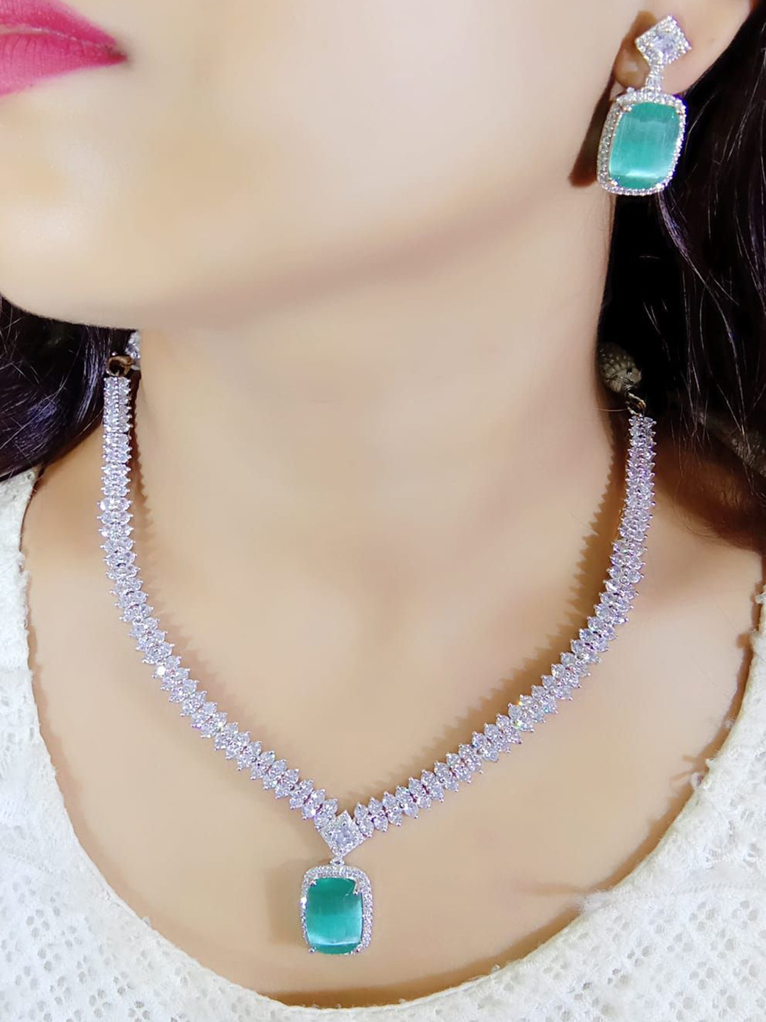

Ladymania Silver-Plated American Diamond Jewellery Set, Teal