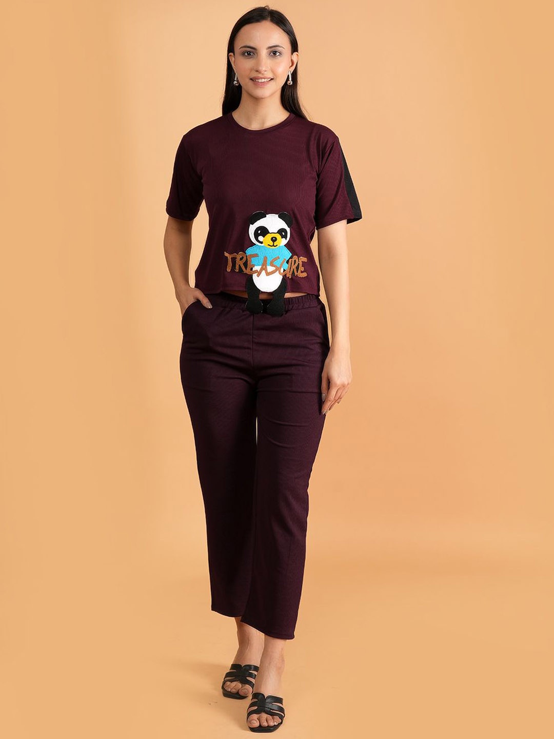 

Dreambe Printed Round Neck Crop Top With Trousers Co-Ords, Maroon