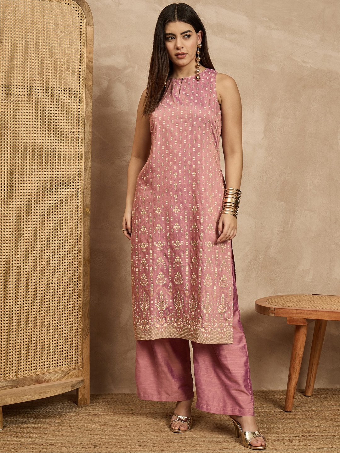 

House of Pataudi Printed Tunic With Palazzo Co-Ords, Pink