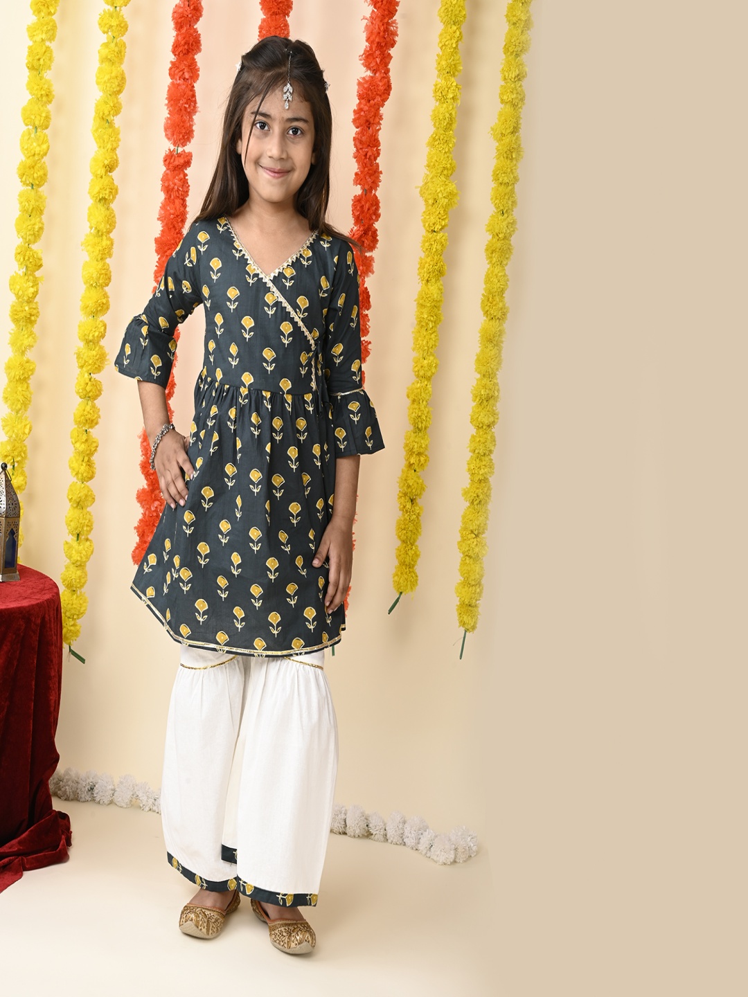 

MoMaa Girls Floral Printed Tiered Gotta Patti Pure Cotton Kurti with Sharara, Green