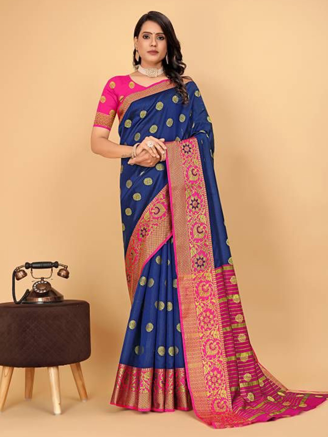

MUSKAN CREATION Woven Design Zari Banarasi Saree, Navy blue