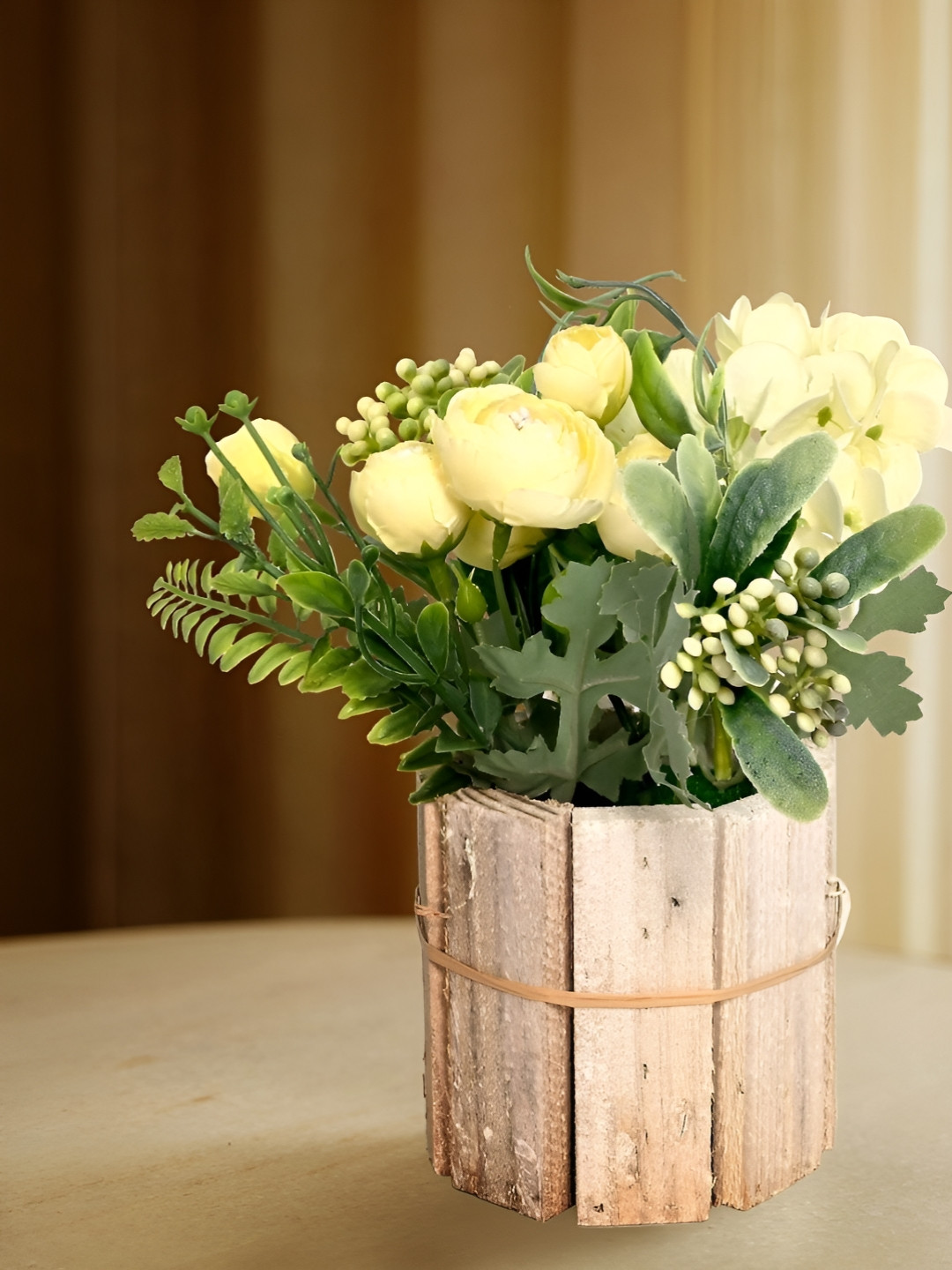 

Myntra Elegant Homes Yellow & Green Rose Plant With Wooden Pot
