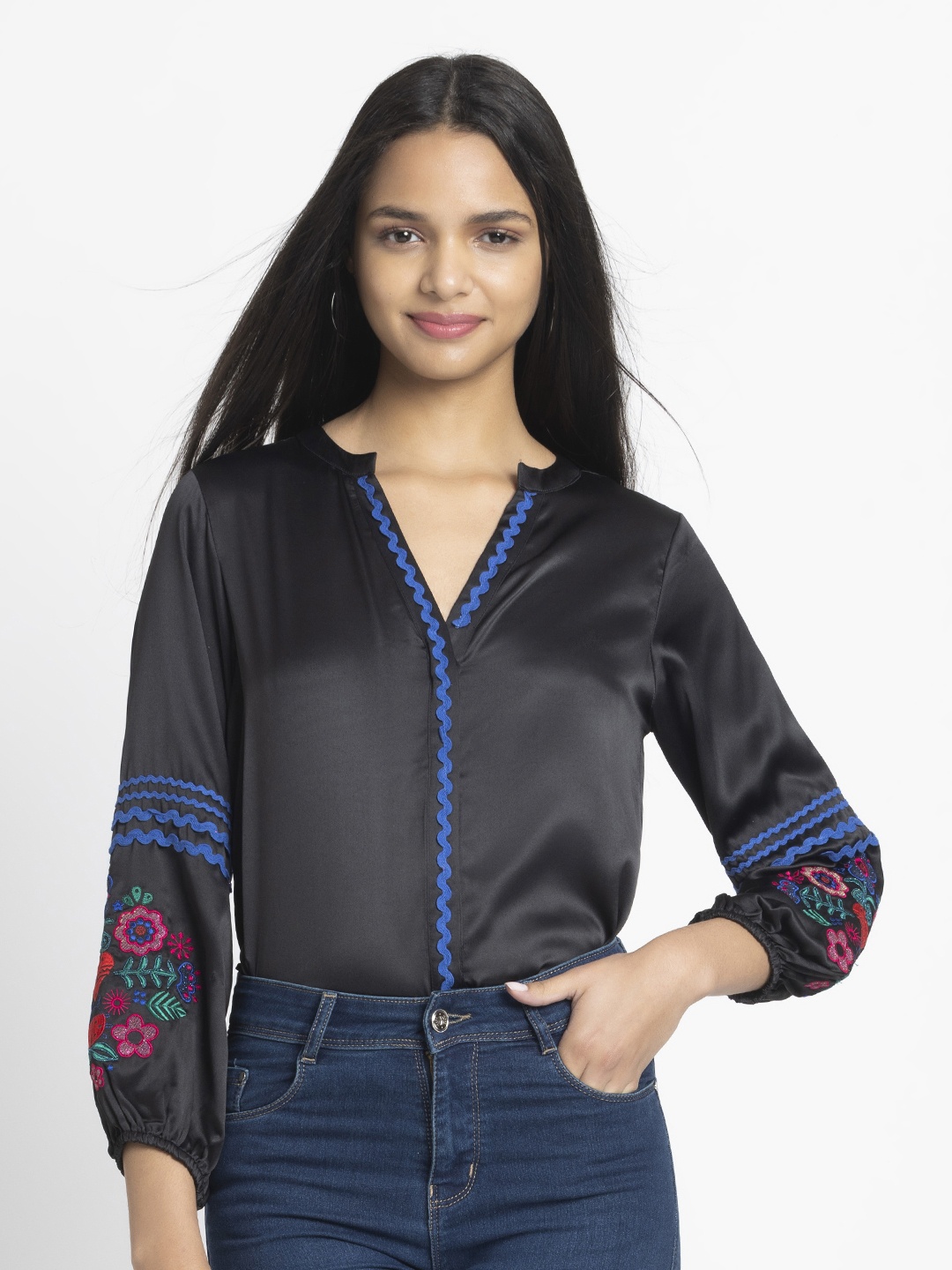 

SHAYE Floral Embroidered Satin Shirt Style Top, Black