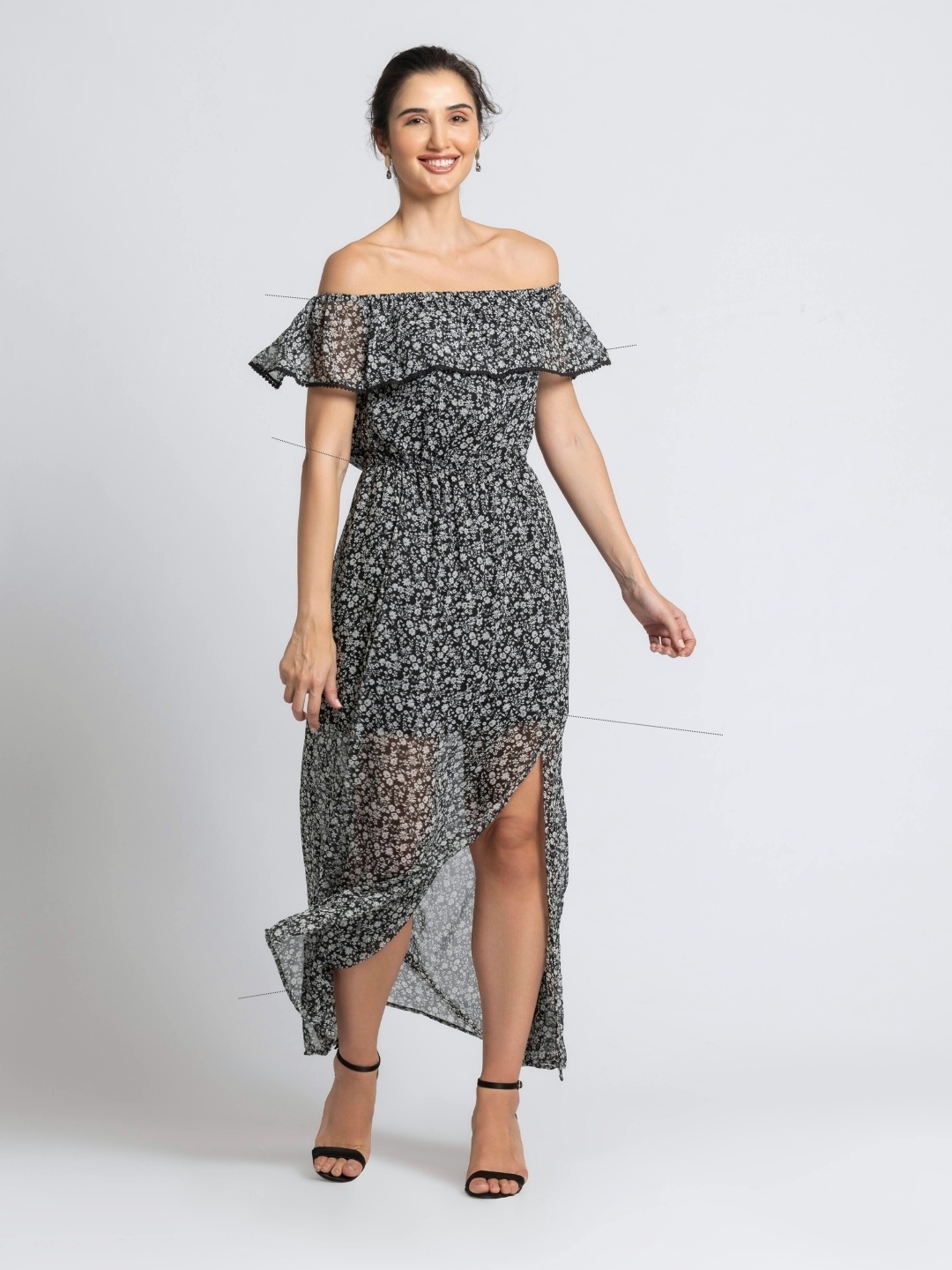 

JULO Floral Print Off-Shoulder Flutter Sleeve Chiffon Maxi Dress, Black