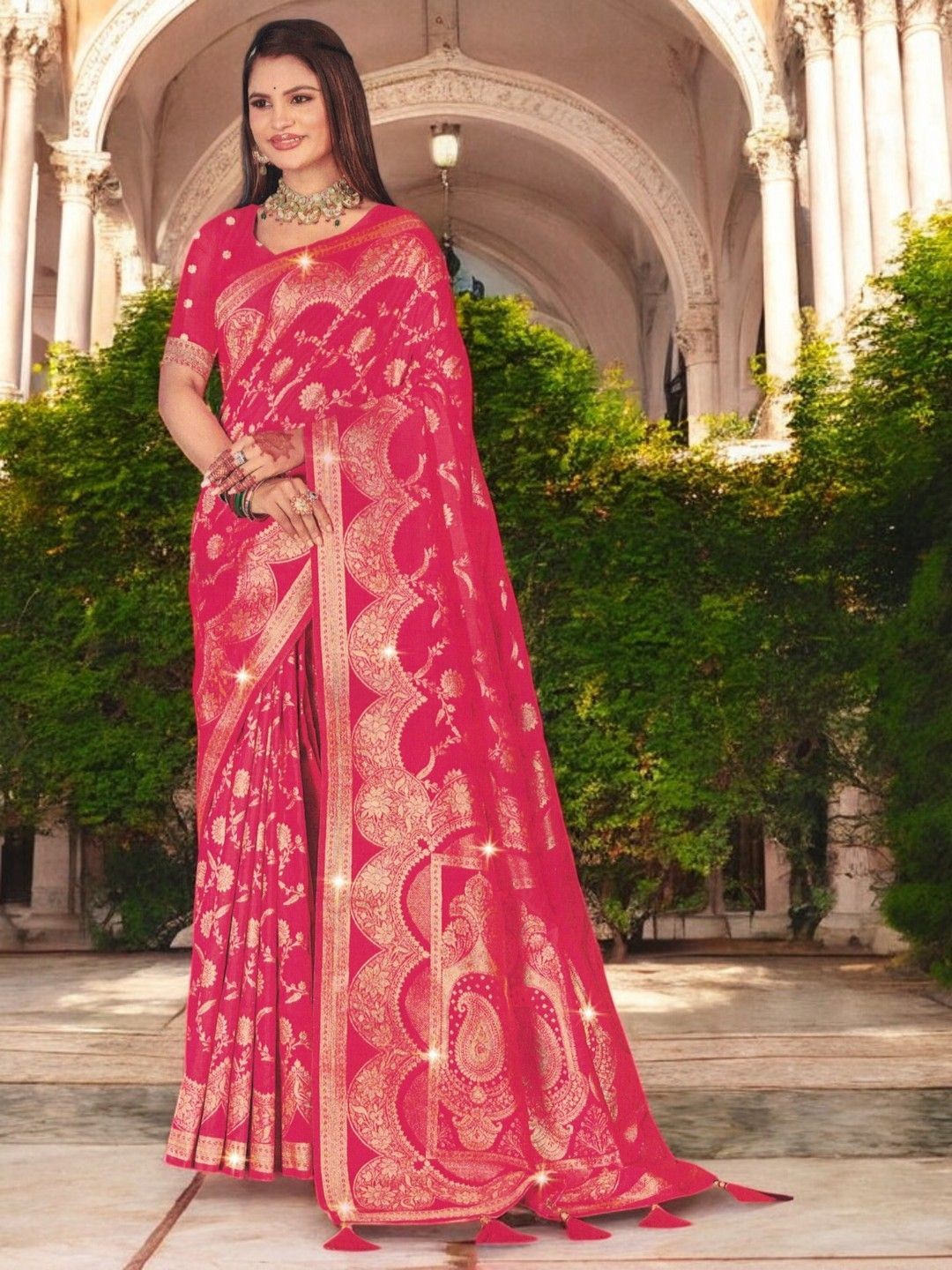 

SHOPPKEE Woven Design Zari Silk Cotton Banarasi Saree, Red