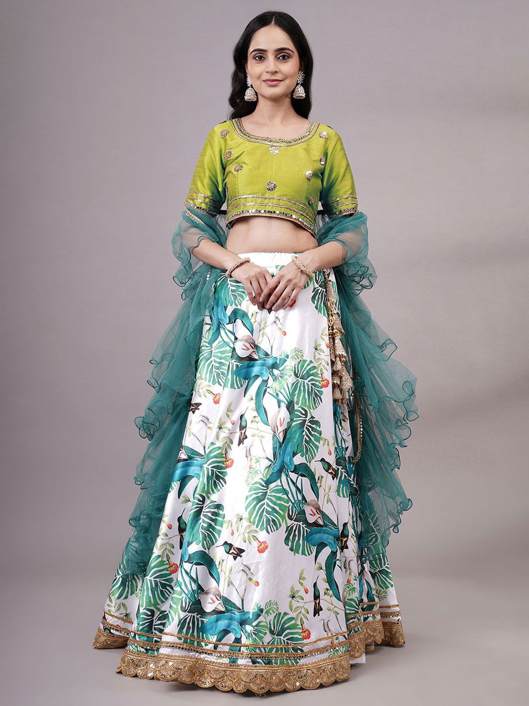 

Utsav Fashion Embroidered Mirror Work Shibori Ready to Wear Lehenga & Choli With Dupatta, White