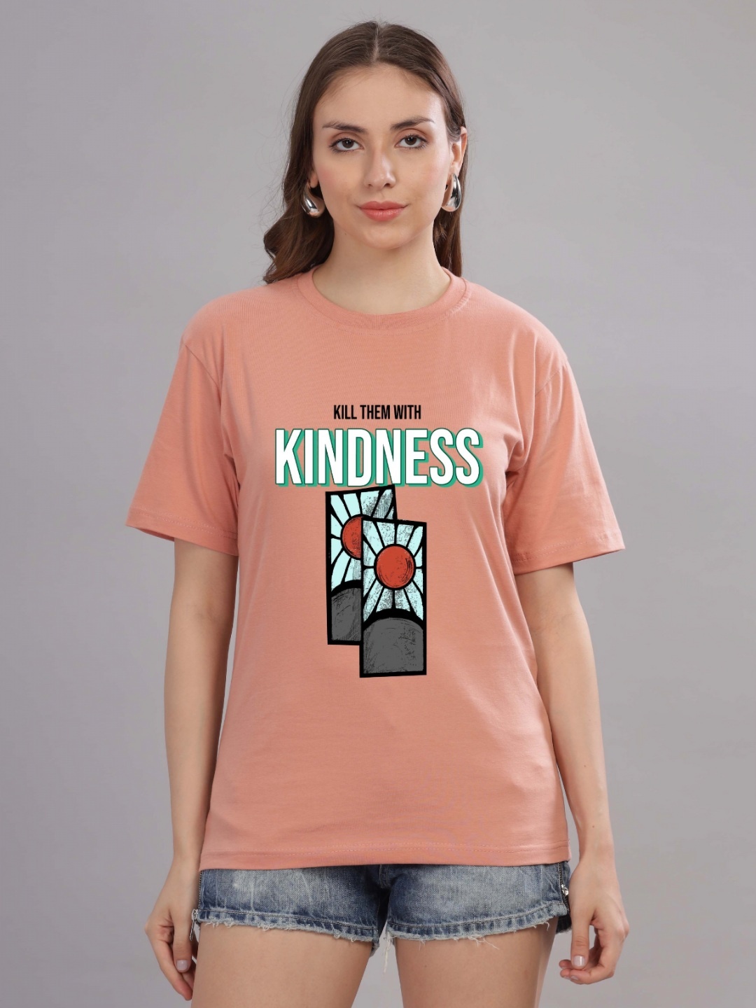 

FALTU.CO Women Printed Drop-Shoulder Sleeves Pure Cotton T-shirt, Peach