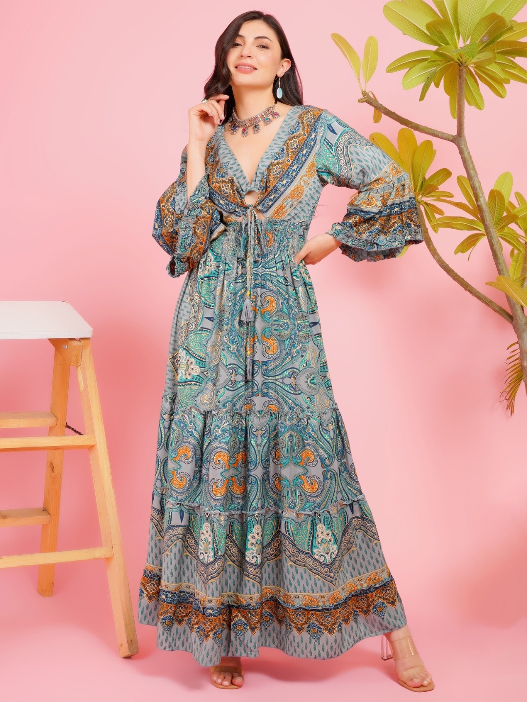 

Boholyfe Women Ethnic Printed Bell Sleeve Fit & Flare Maxi Dress, Turquoise blue
