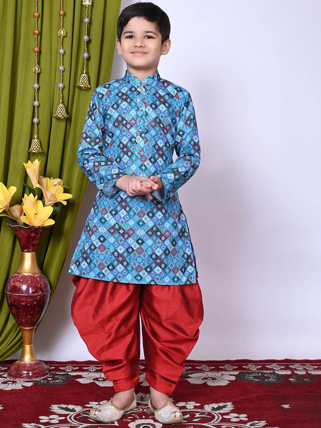

NFC CREATION Boys Ethnic Motifs Printed Regular Sequinned Kurta with Patiala, Blue