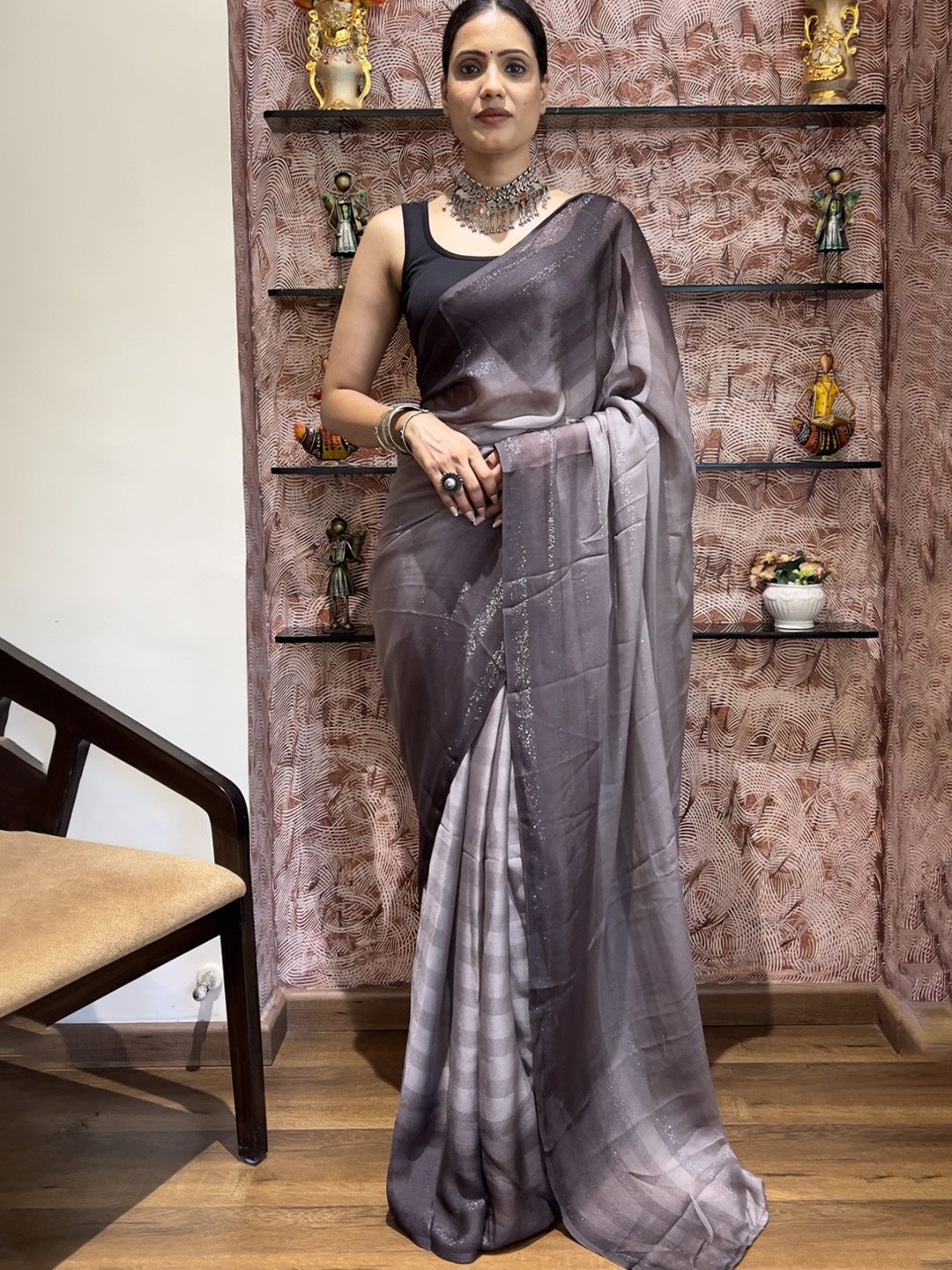 

Rangtulika Ethnics Striped Poly Georgette Ready to Wear Saree, Grey