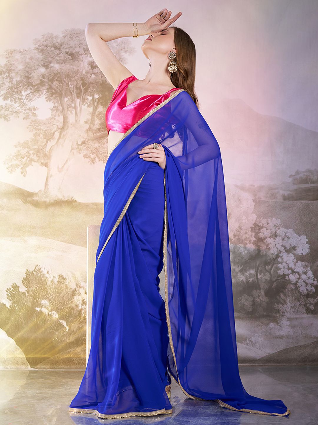 

modeva Sequinned Pure Georgette Ready to Wear Saree, Blue