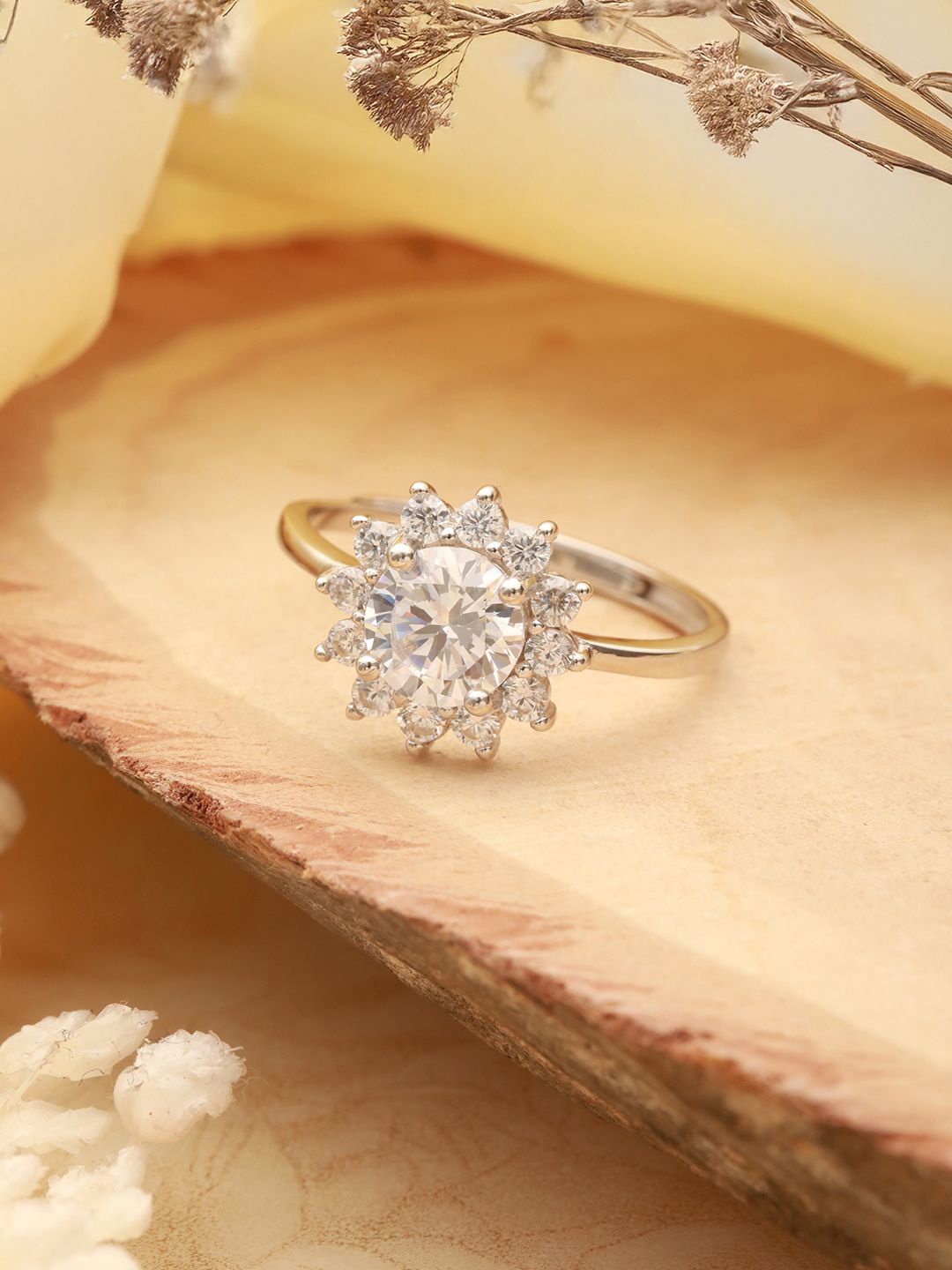 

SARAF SILVERETZ 925 Sterling Silver Silver-Plated Cubic Zirconia Studded Adjustable Ring