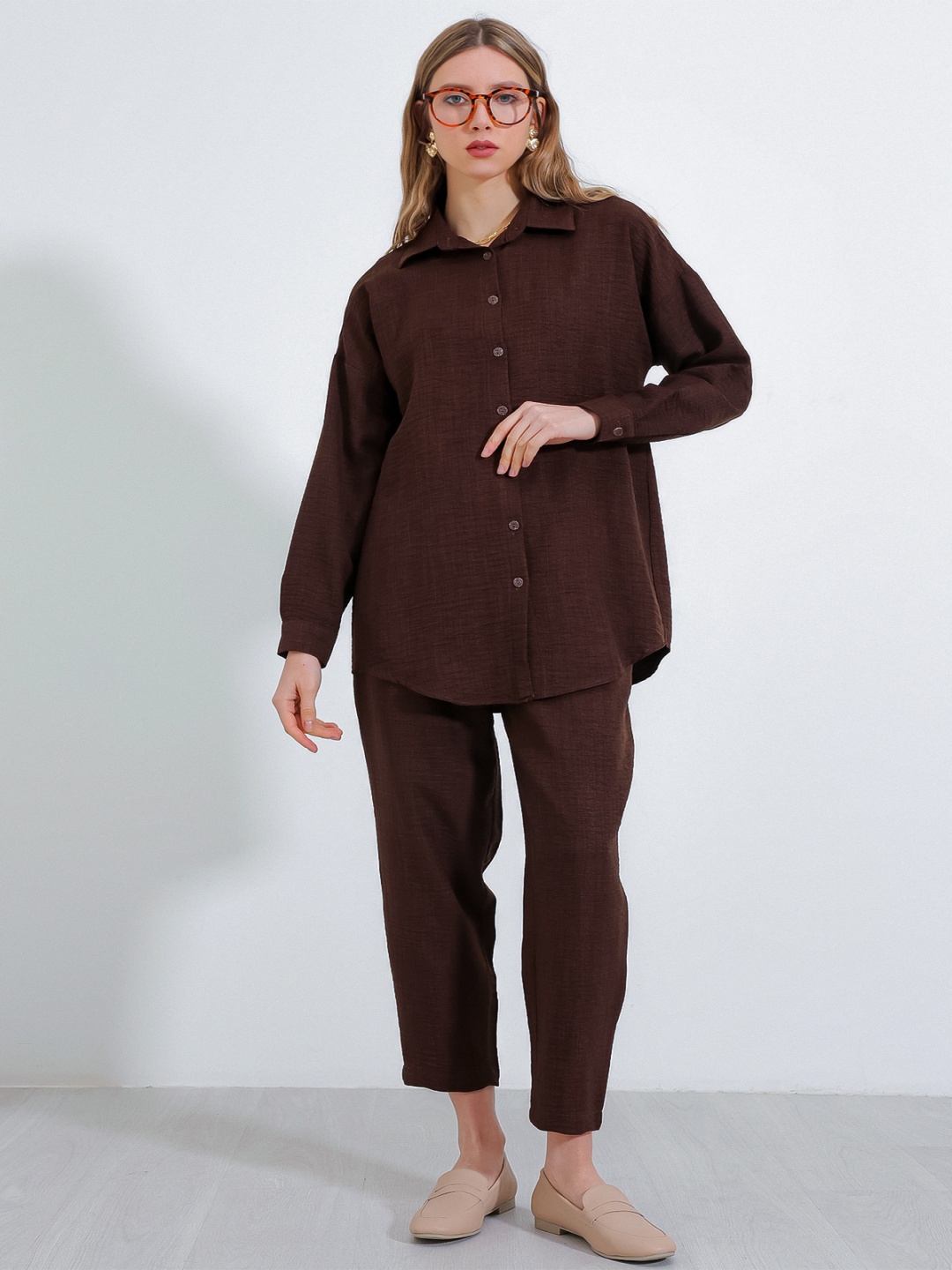 

BIGDART Shirt Neck Three Quarter Sleeve Shirt With Trouser Co-Ords, Brown