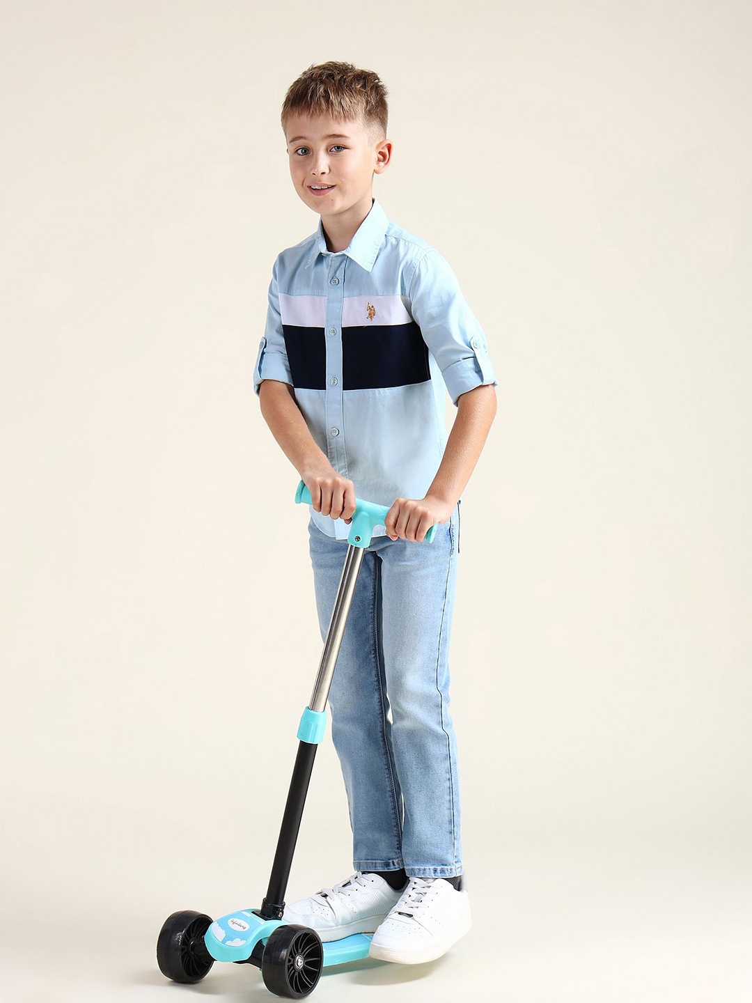 

U.S. Polo Assn. Kids Boys Colourblocked Pure Cotton Casual Shirt, Blue