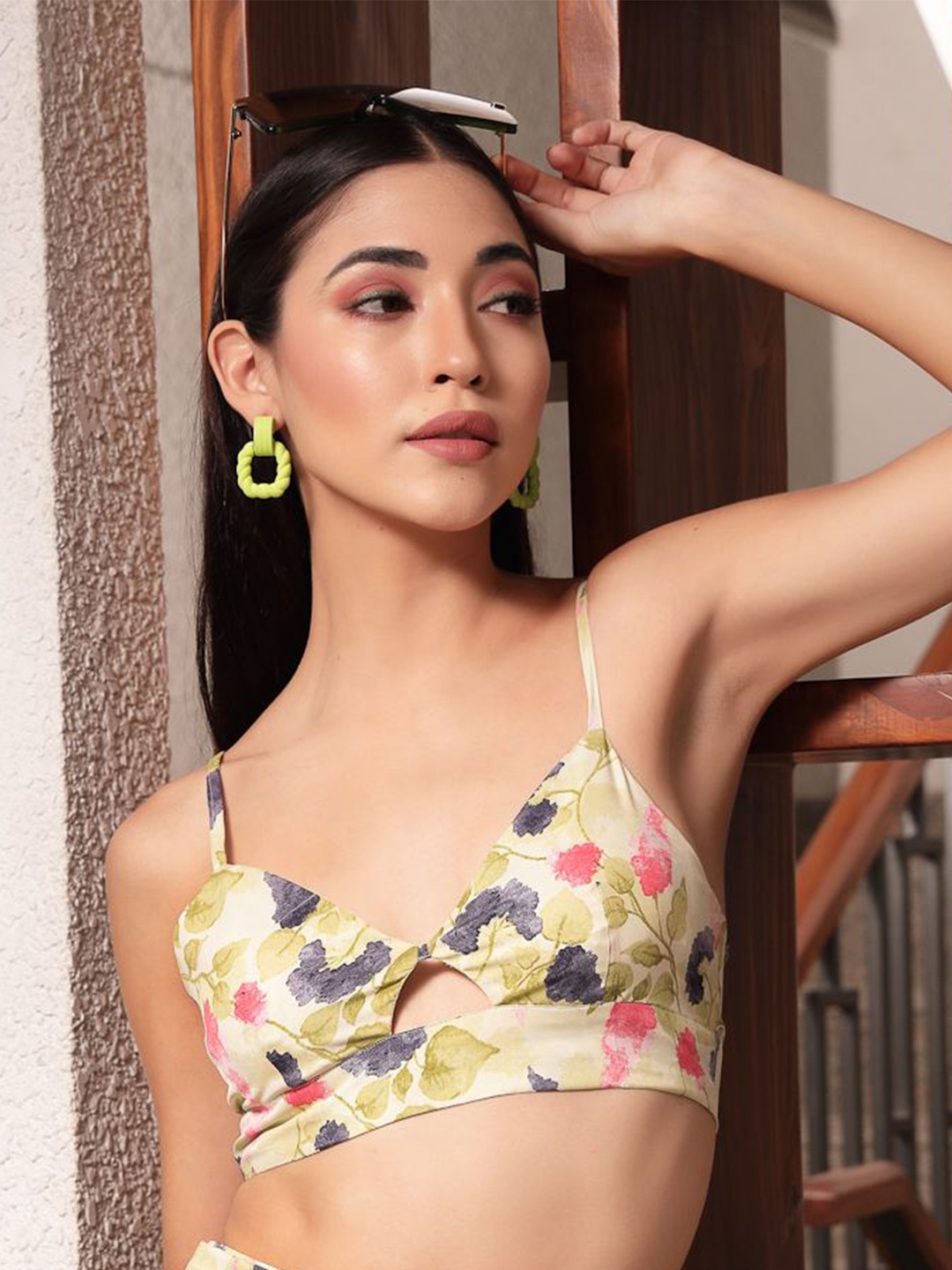

DressBerry Floral Print Crepe Bralette Crop Top, Green