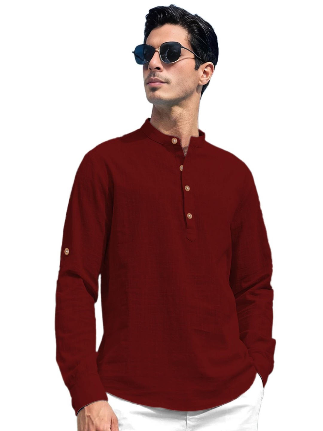 

EdinWolf Band Collar Roll-Up Sleeves Cotton Straight Kurta, Maroon