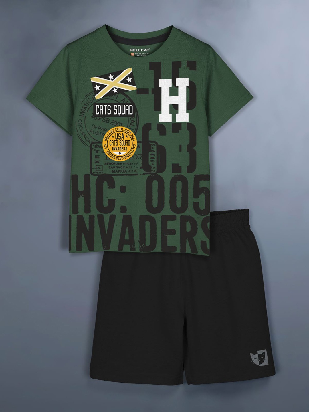 

HELLCAT Girls Printed Round Neck T-Shirt With Shorts, Olive